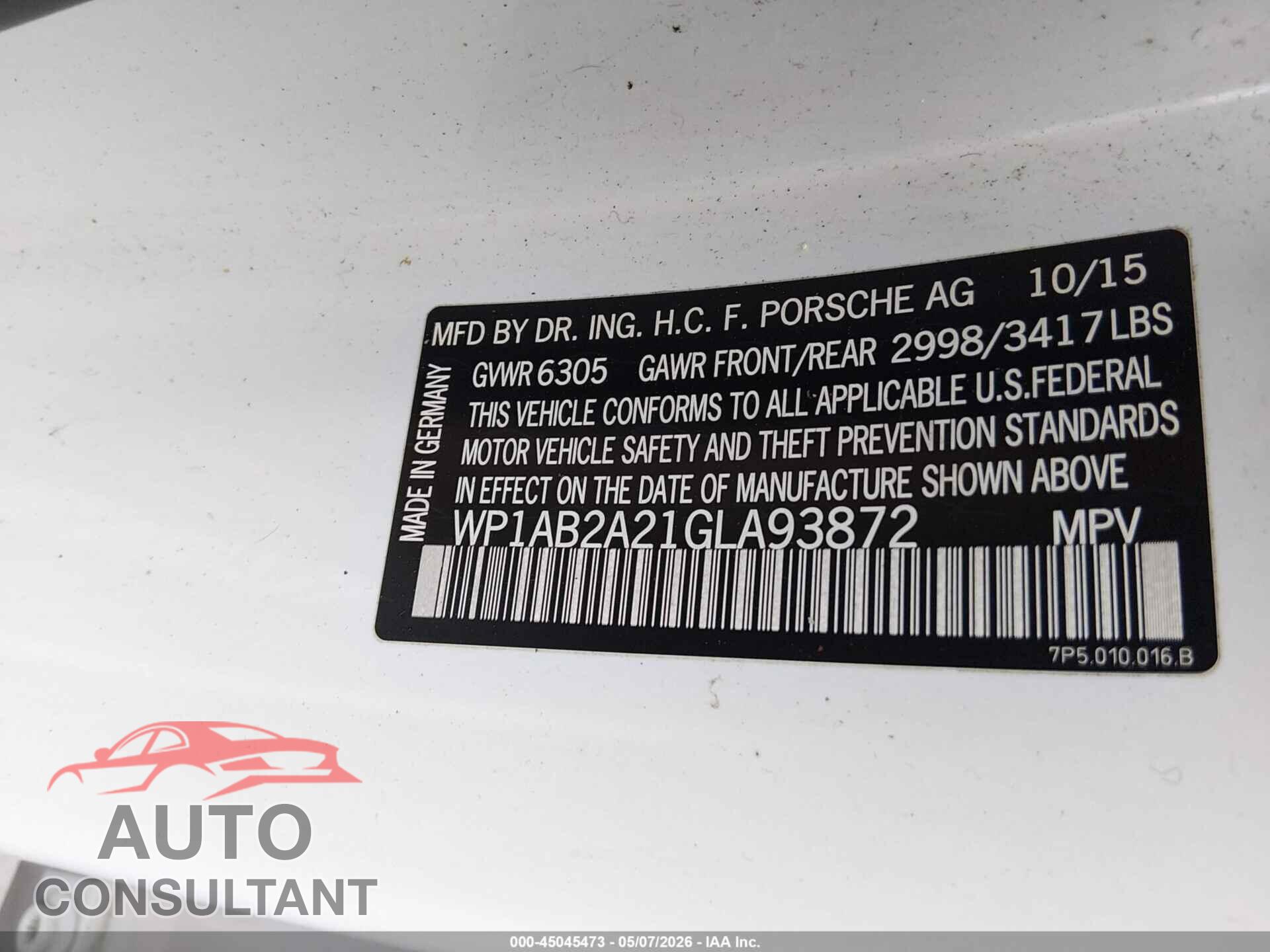 PORSCHE CAYENNE 2016 - WP1AB2A21GLA93872