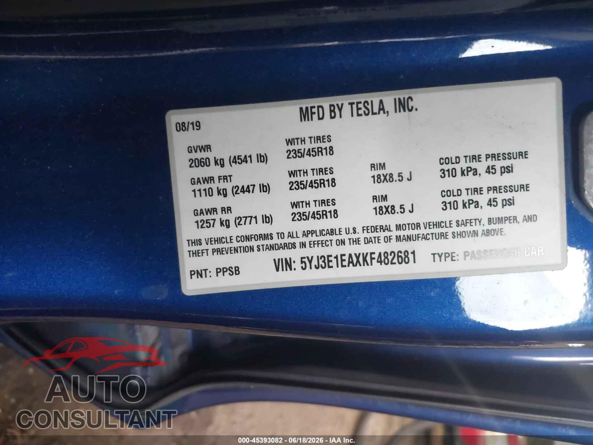 TESLA MODEL 3 2019 - 5YJ3E1EAXKF482681