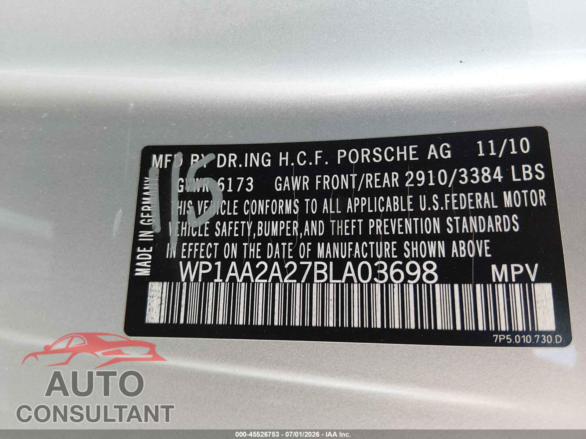 PORSCHE CAYENNE 2011 - WP1AA2A27BLA03698