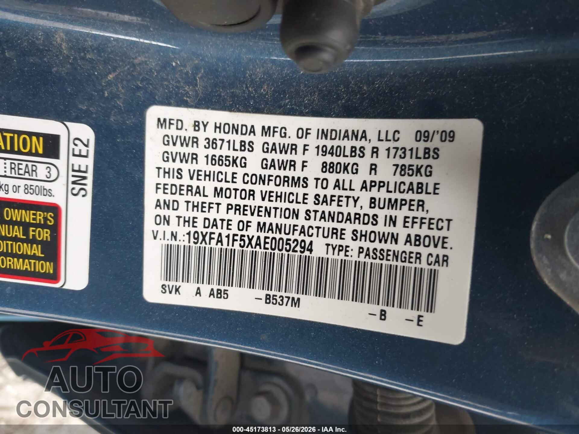 HONDA CIVIC 2010 - 19XFA1F5XAE005294