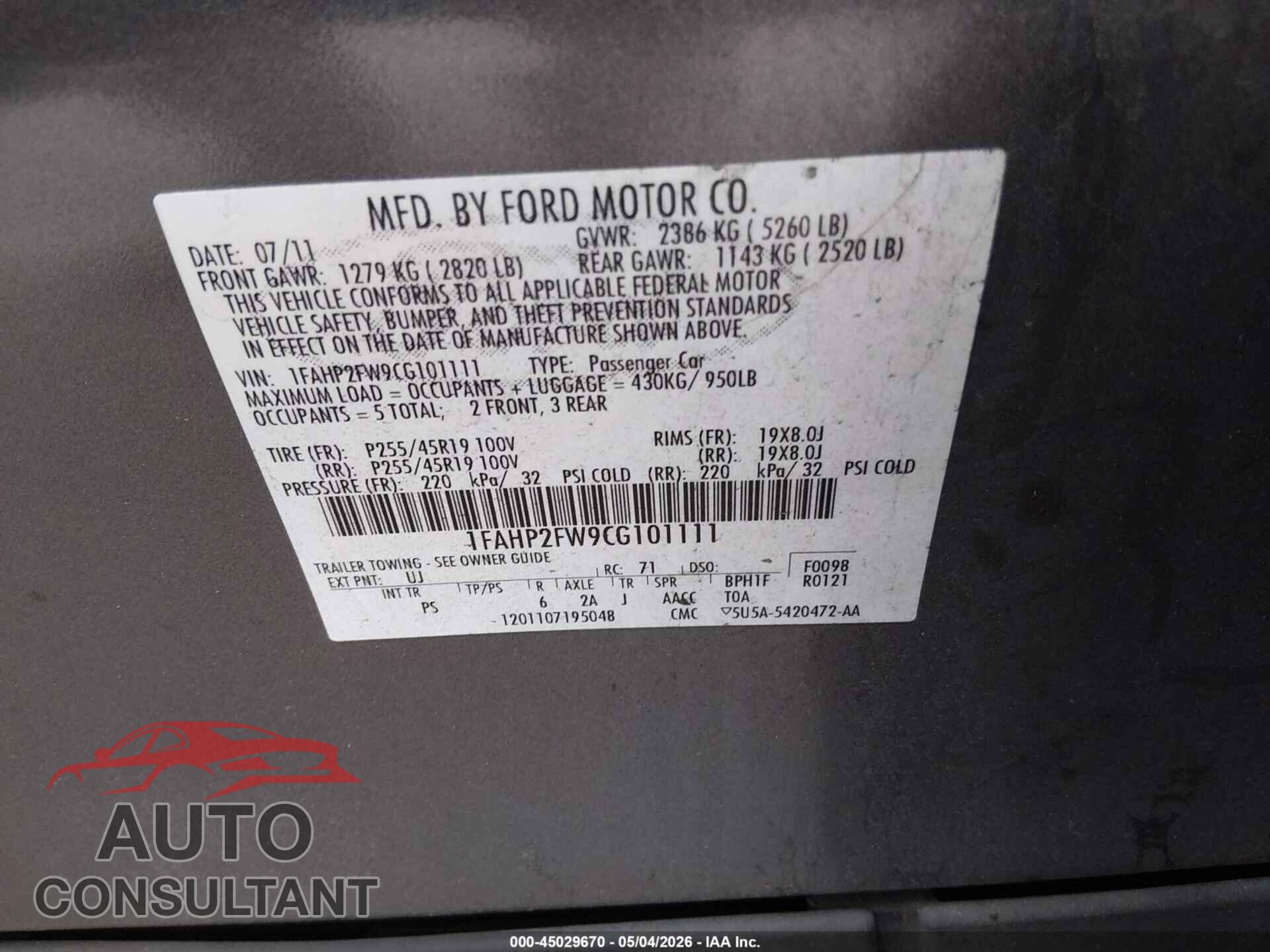 FORD TAURUS 2012 - 1FAHP2FW9CG101111