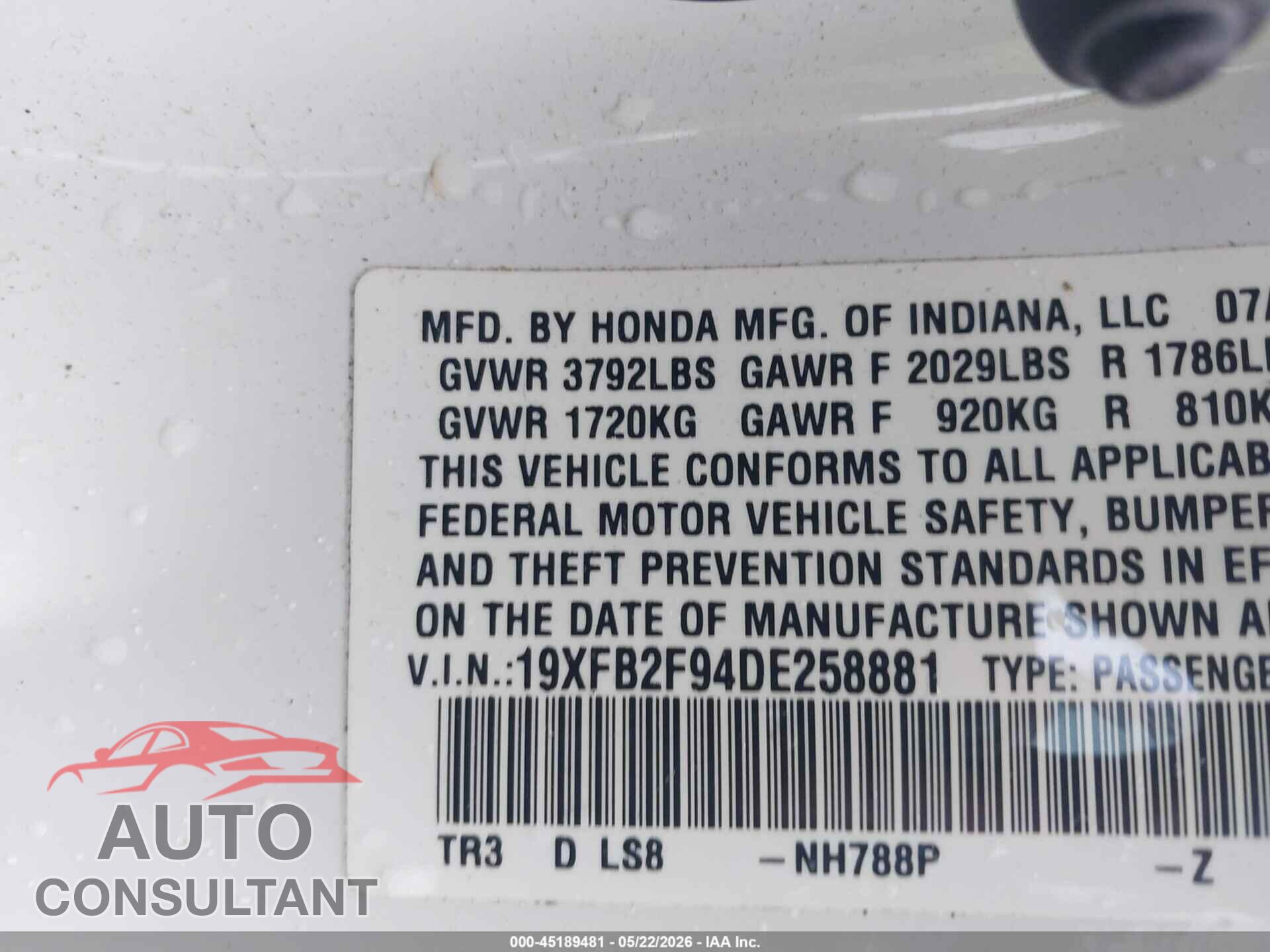 HONDA CIVIC 2013 - 19XFB2F94DE258881
