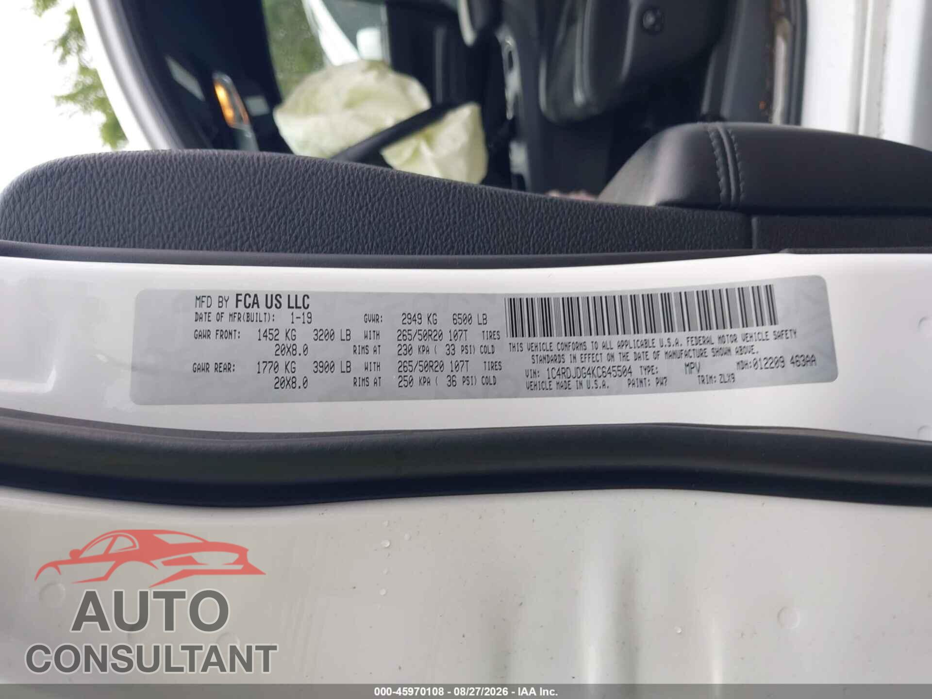 DODGE DURANGO 2019 - 1C4RDJDG4KC645504