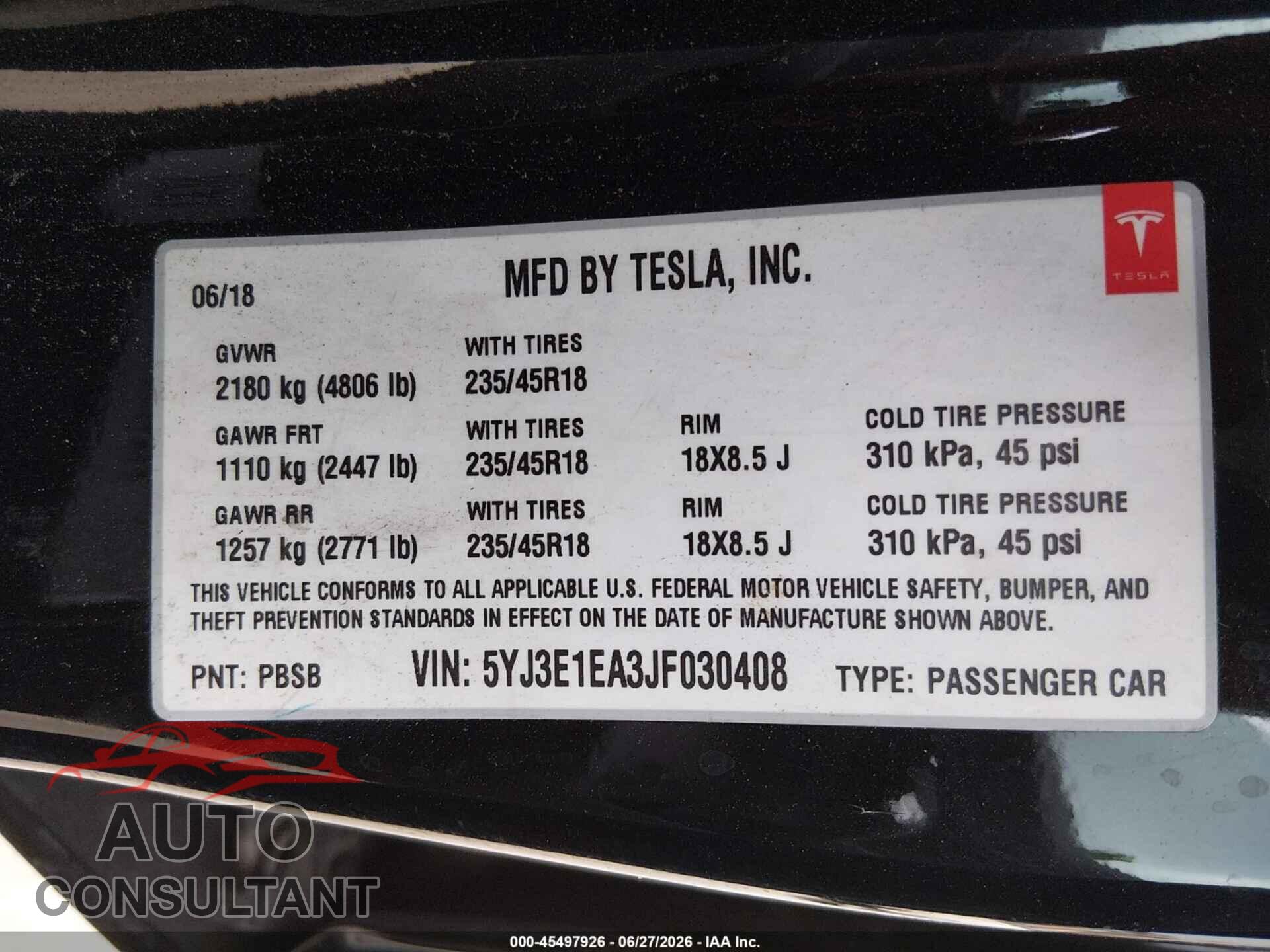 TESLA MODEL 3 2018 - 5YJ3E1EA3JF030408