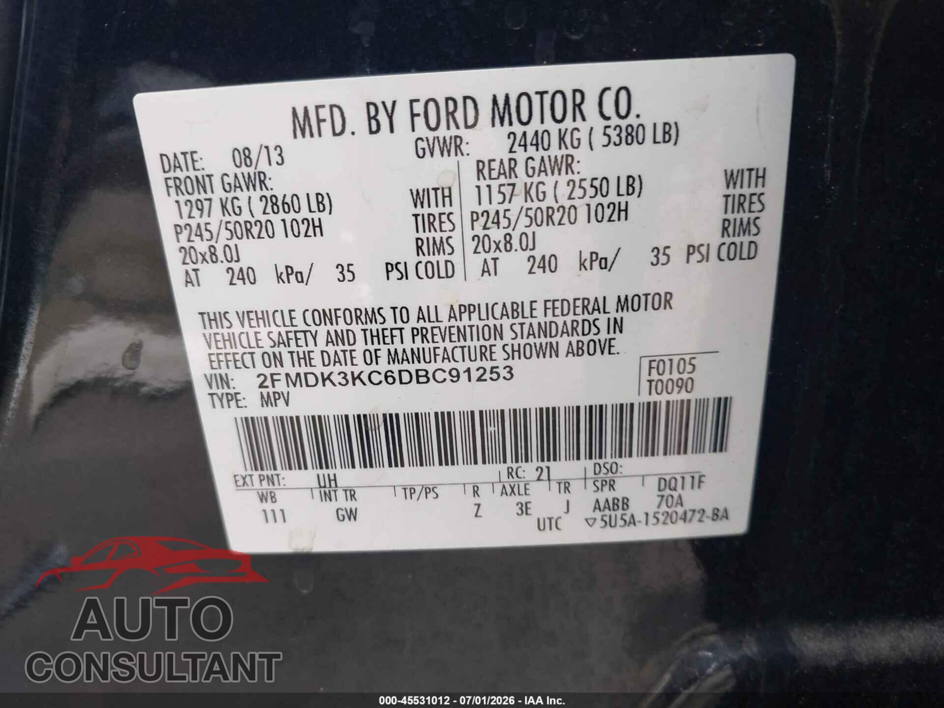 FORD EDGE 2013 - 2FMDK3KC6DBC91253
