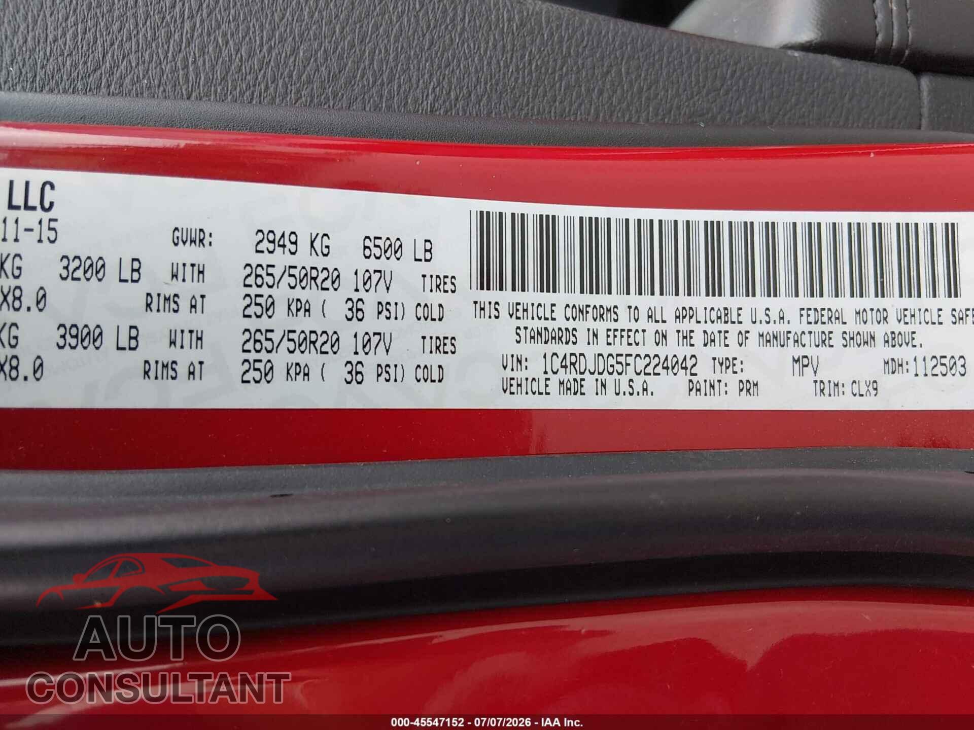 DODGE DURANGO 2015 - 1C4RDJDG5FC224042