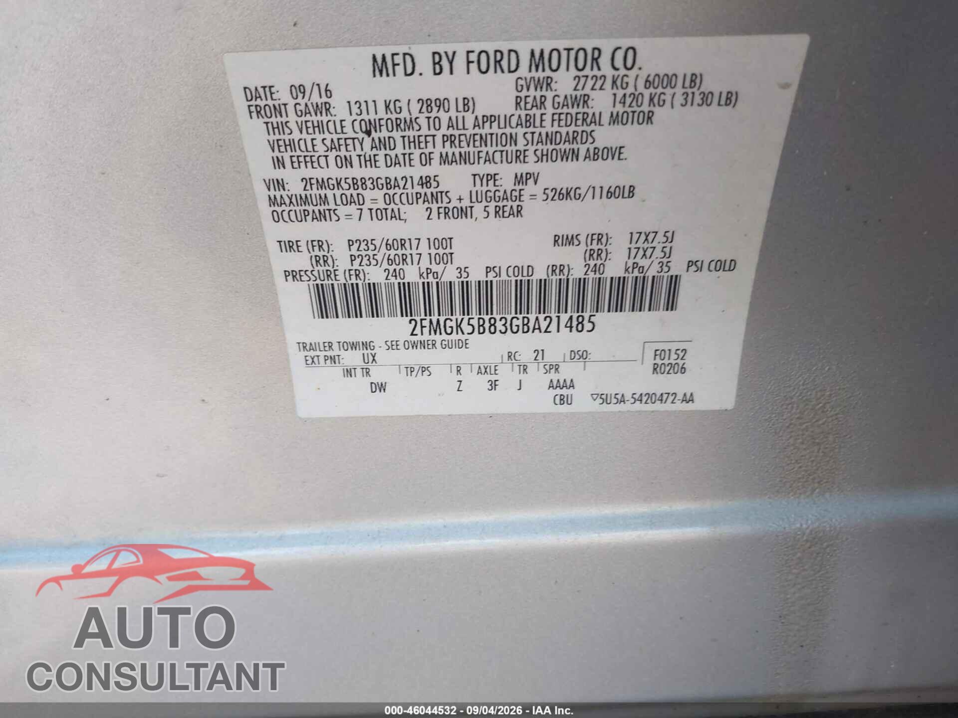 FORD FLEX 2016 - 2FMGK5B83GBA21485