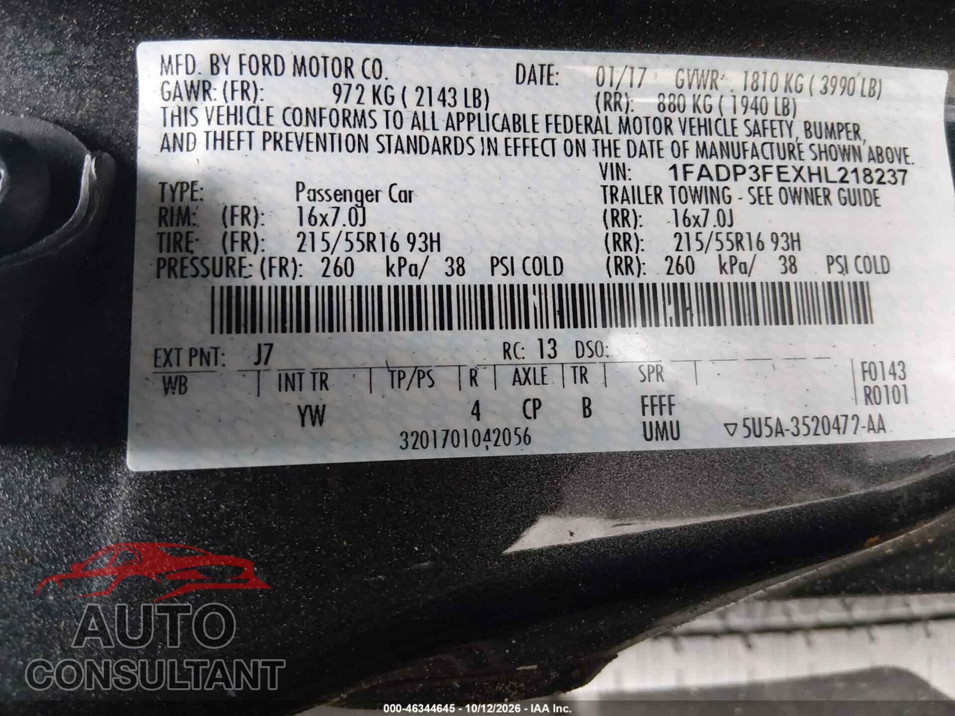 FORD FOCUS 2017 - 1FADP3FEXHL218237
