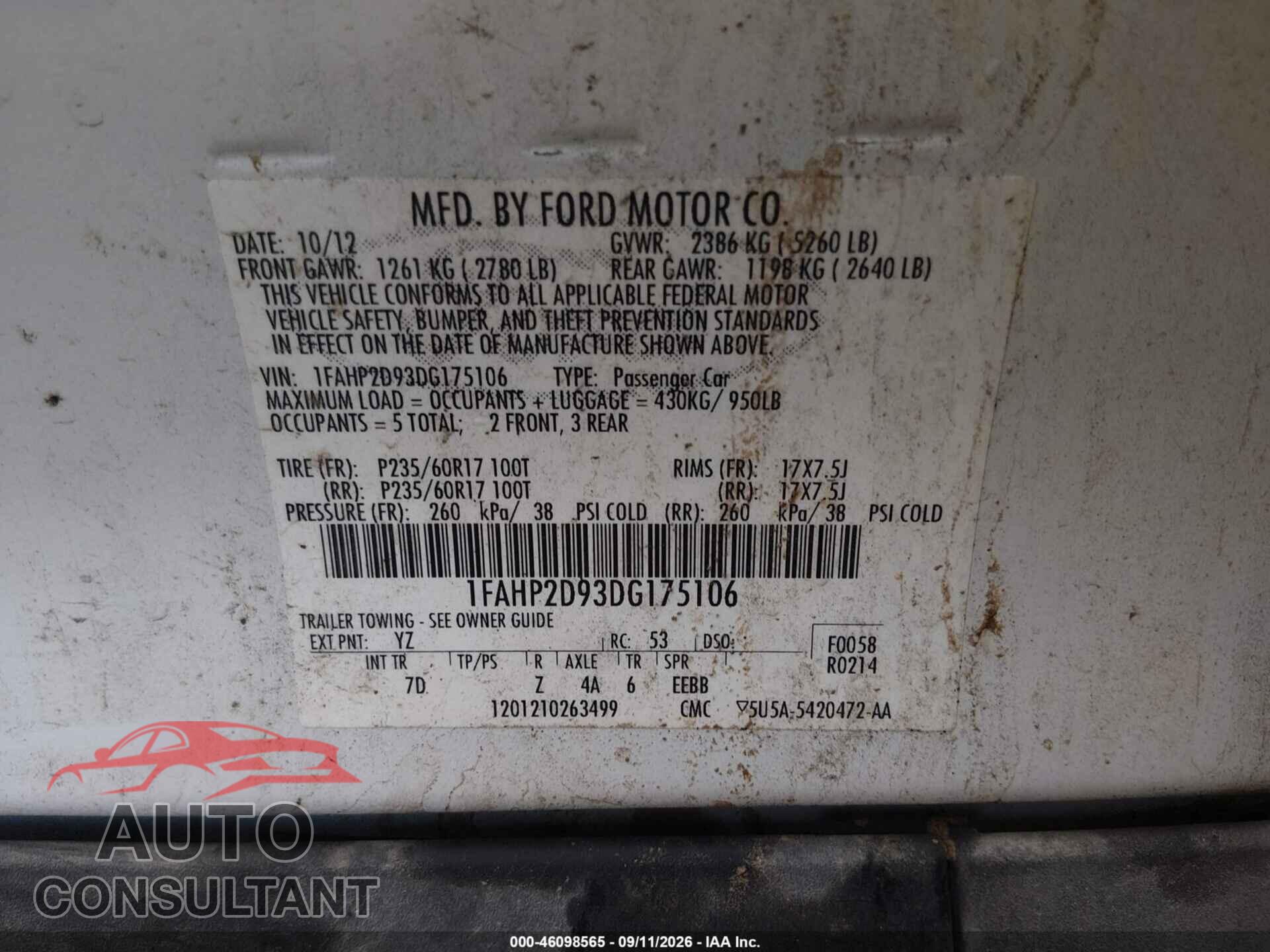 FORD TAURUS 2013 - 1FAHP2D93DG175106