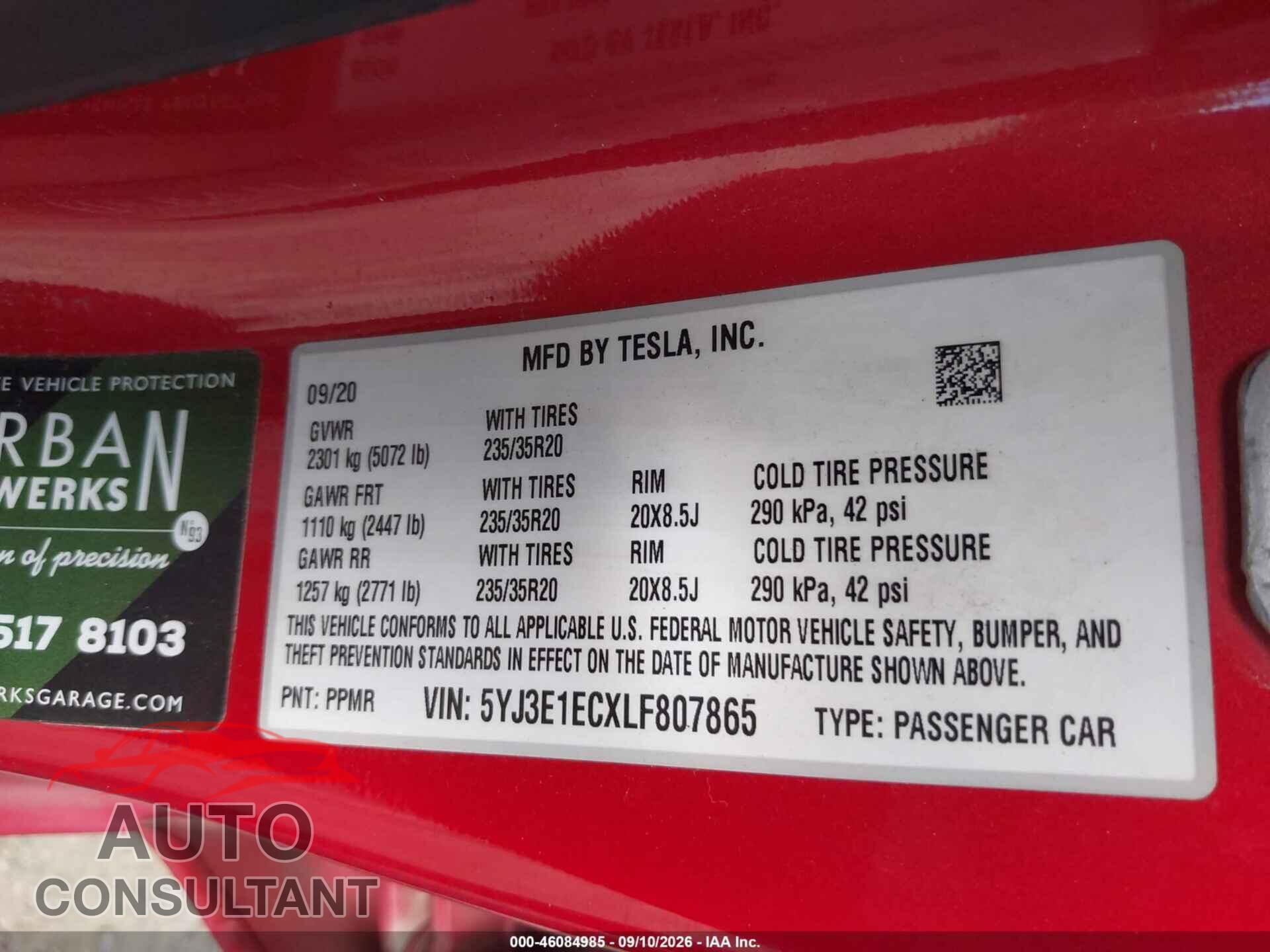TESLA MODEL 3 2020 - 5YJ3E1ECXLF807865