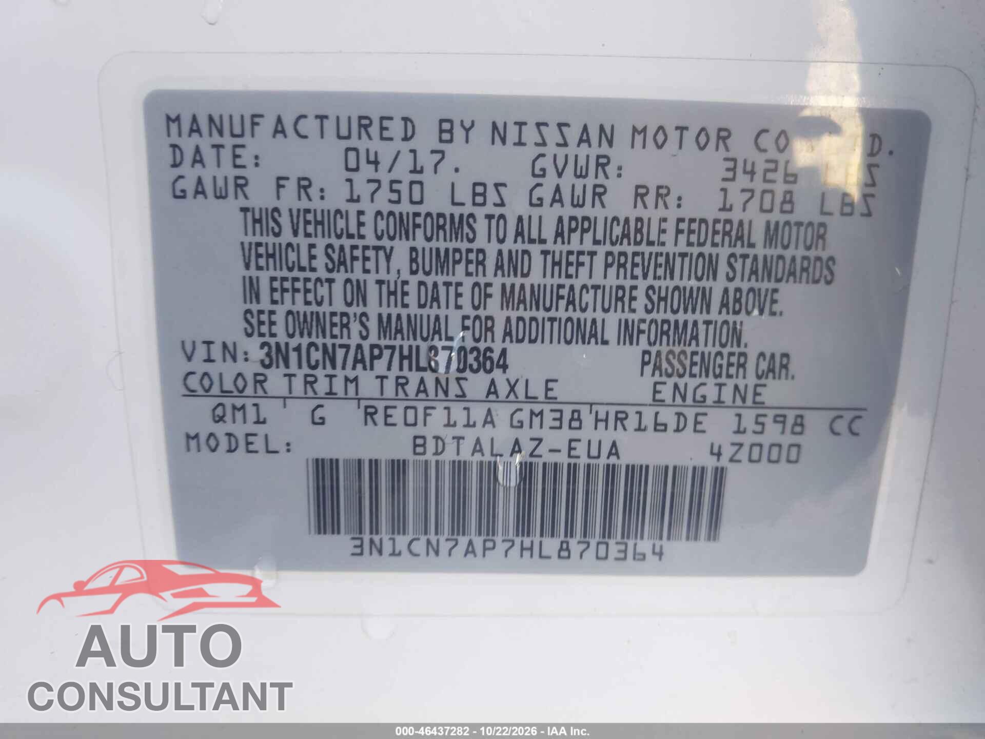 NISSAN VERSA 2017 - 3N1CN7AP7HL870364