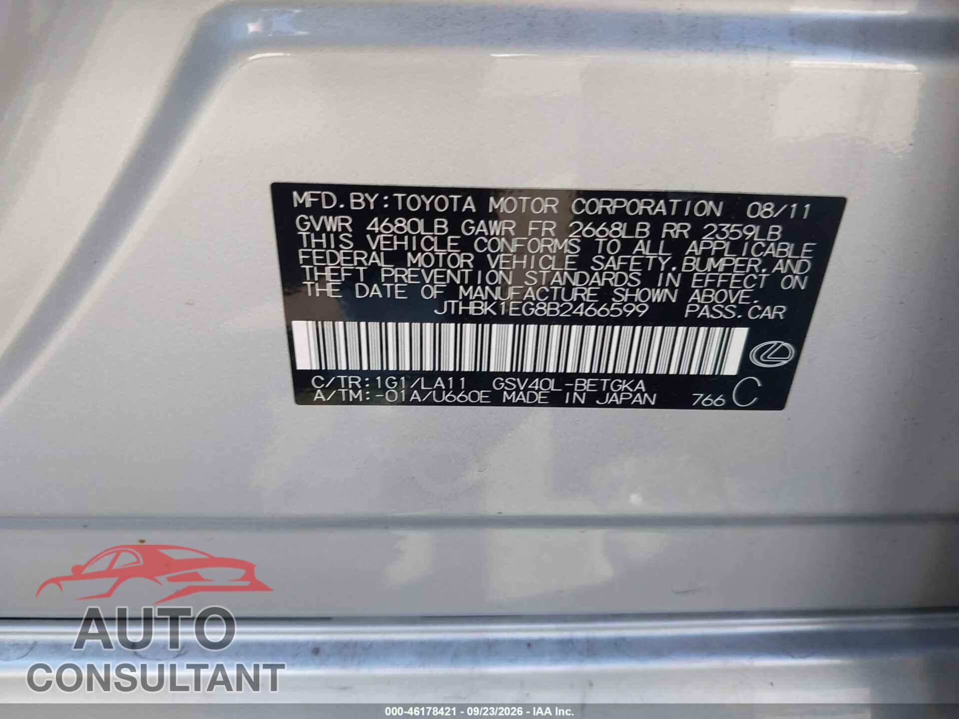 LEXUS ES 350 2011 - JTHBK1EG8B2466599