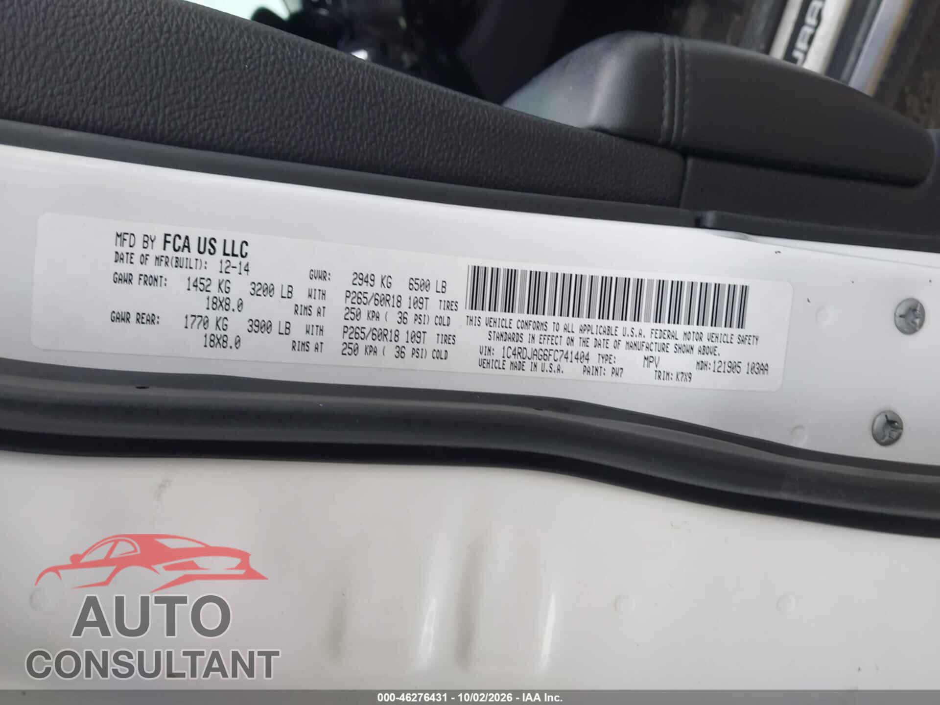DODGE DURANGO 2015 - 1C4RDJAG6FC741404