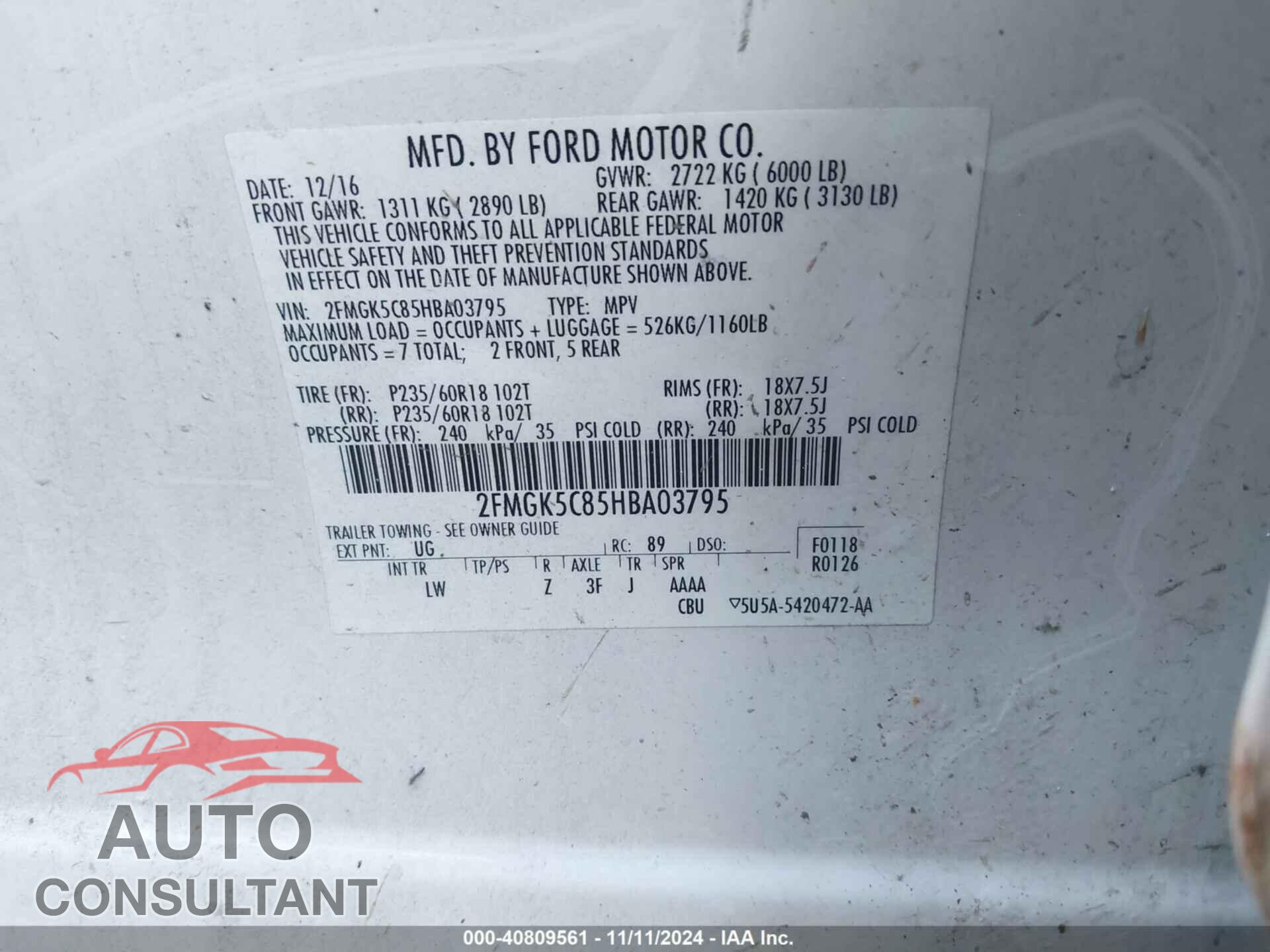 FORD FLEX 2017 - 2FMGK5C85HBA03795