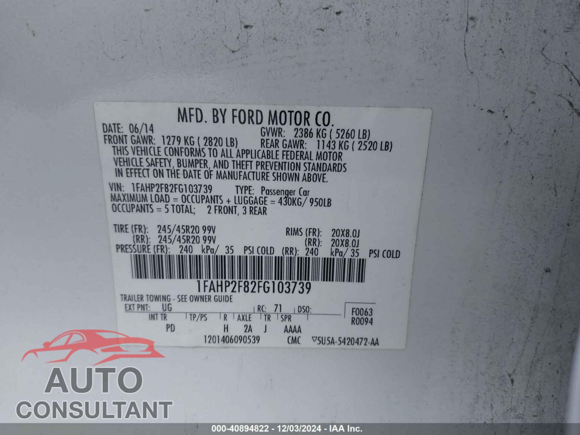 FORD TAURUS 2015 - 1FAHP2F82FG103739