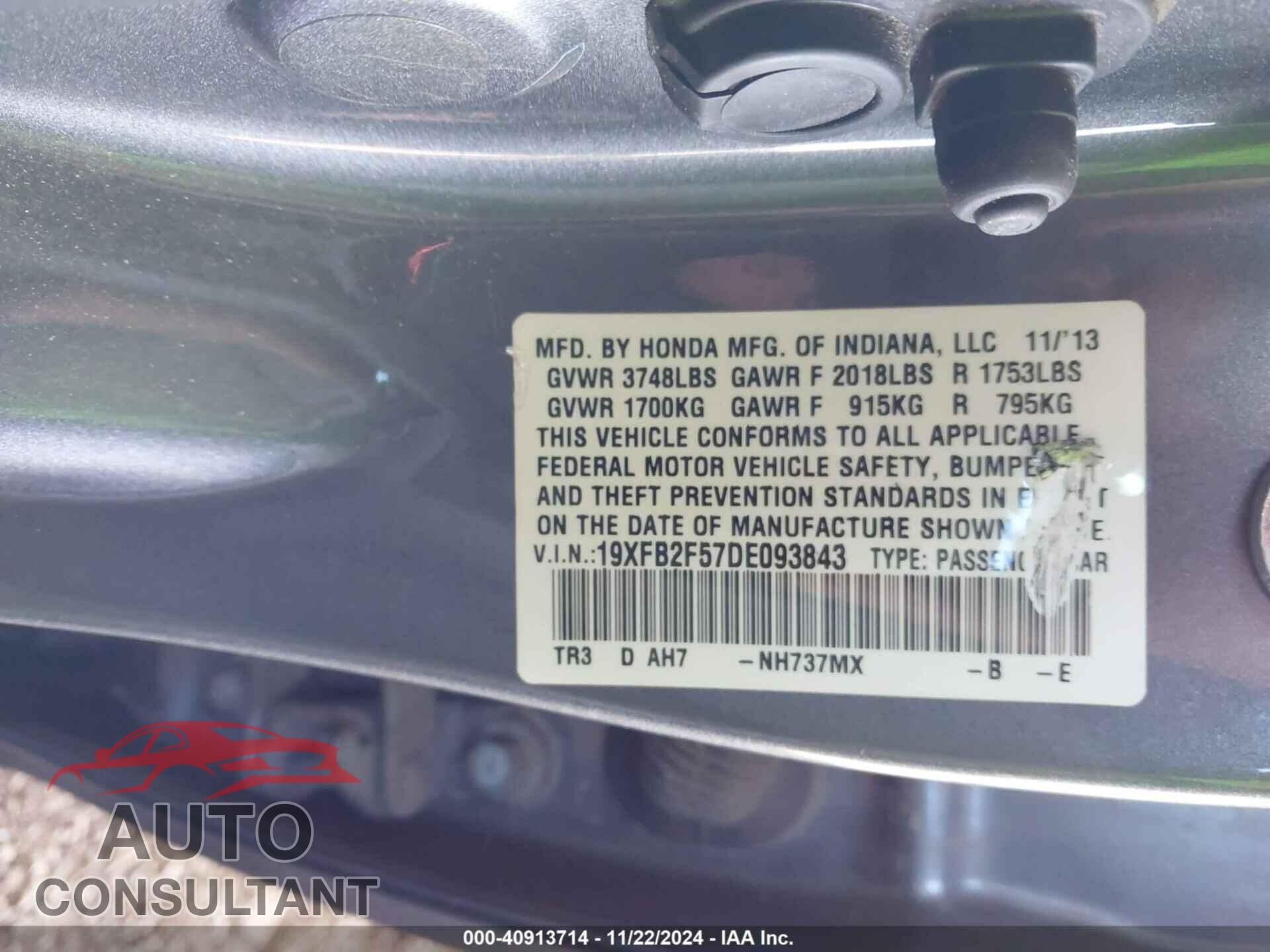 HONDA CIVIC 2013 - 19XFB2F57DE093843
