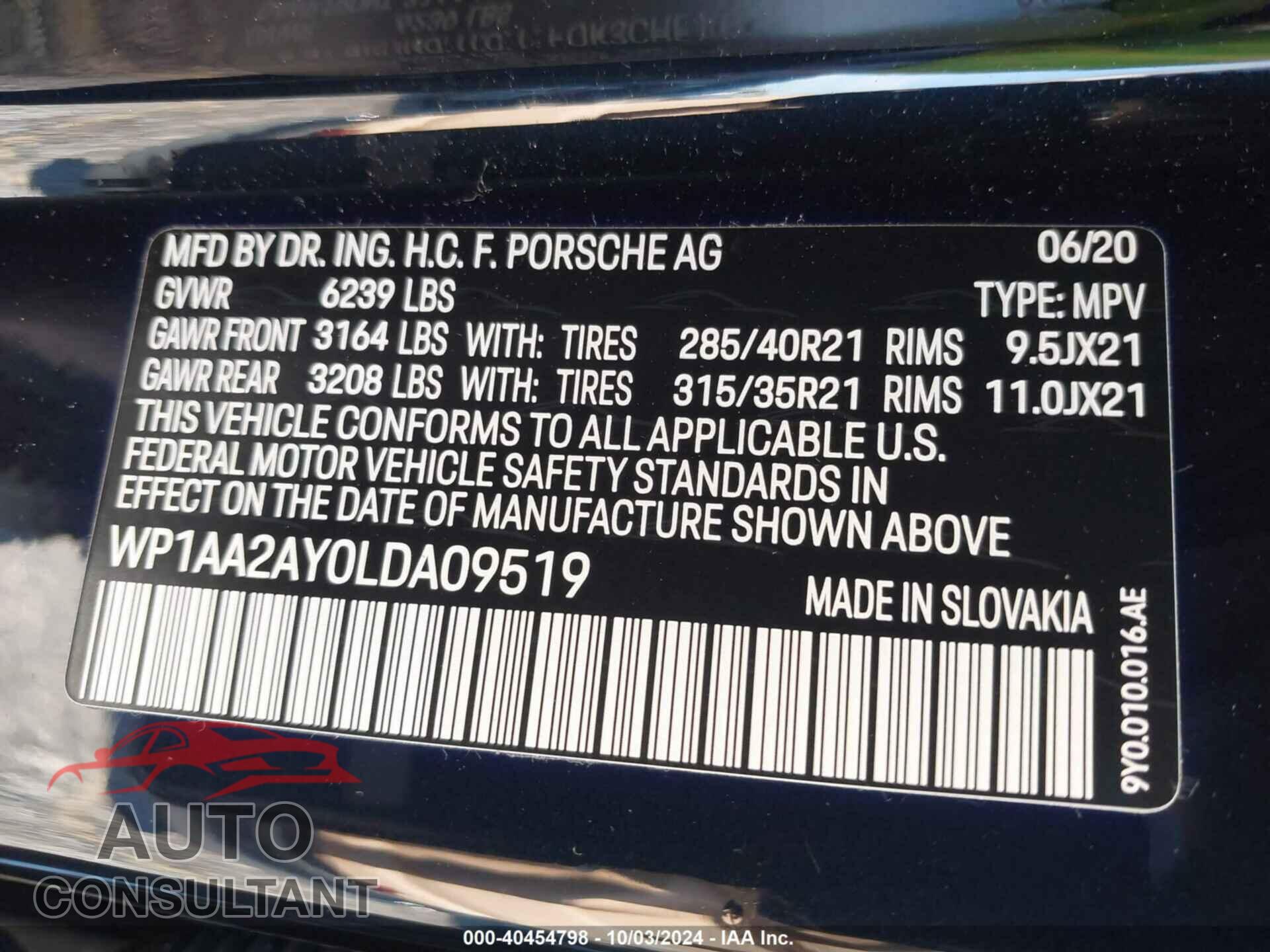 PORSCHE CAYENNE 2020 - WP1AA2AY0LDA09519
