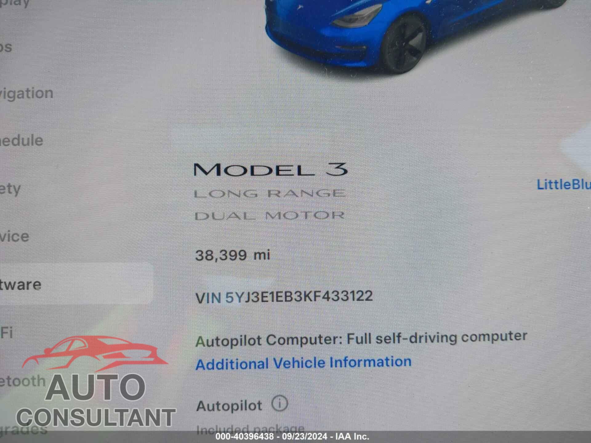 TESLA MODEL 3 2019 - 5YJ3E1EB3KF433122