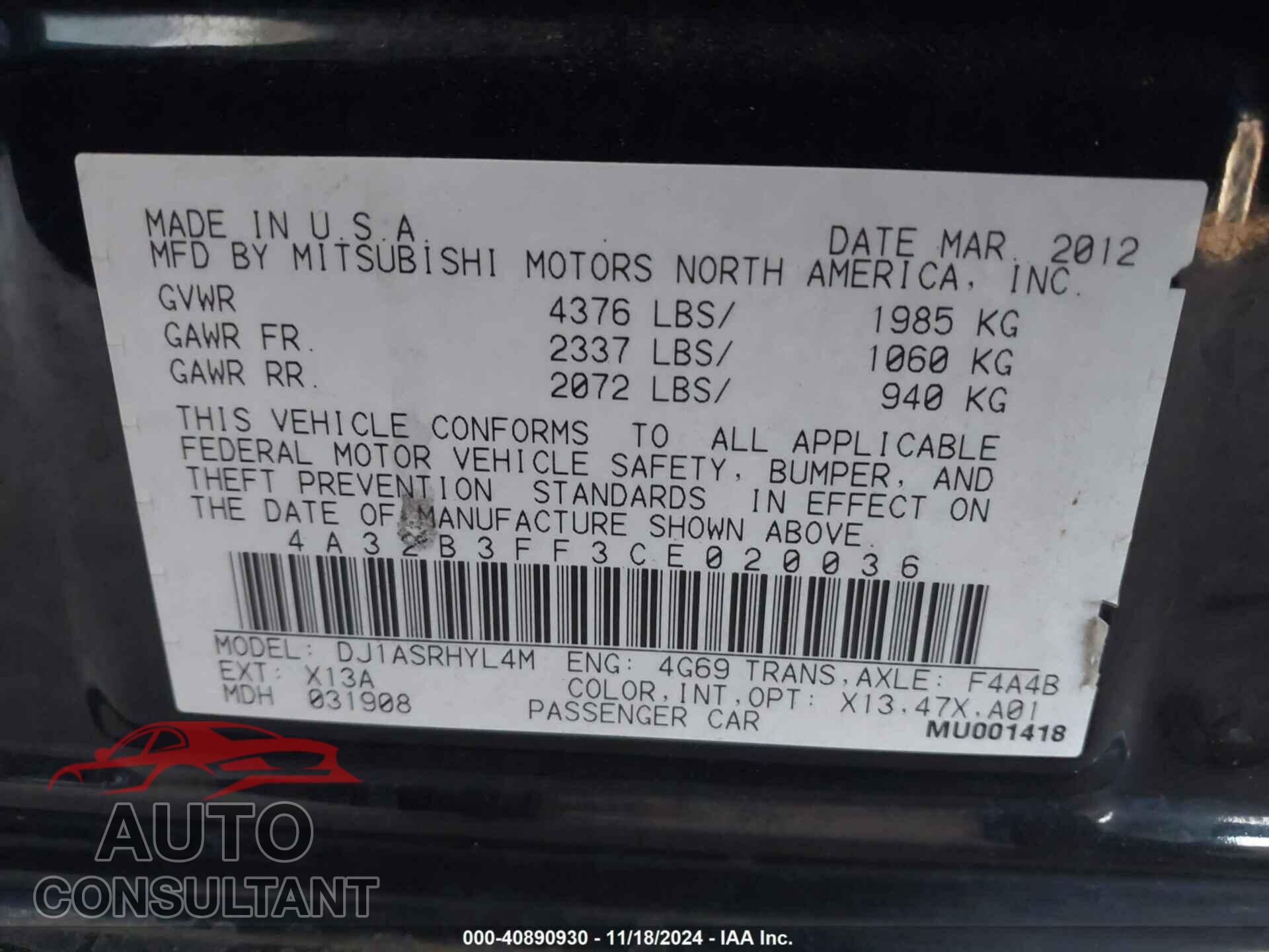 MITSUBISHI GALANT 2012 - 4A32B3FF3CE020036