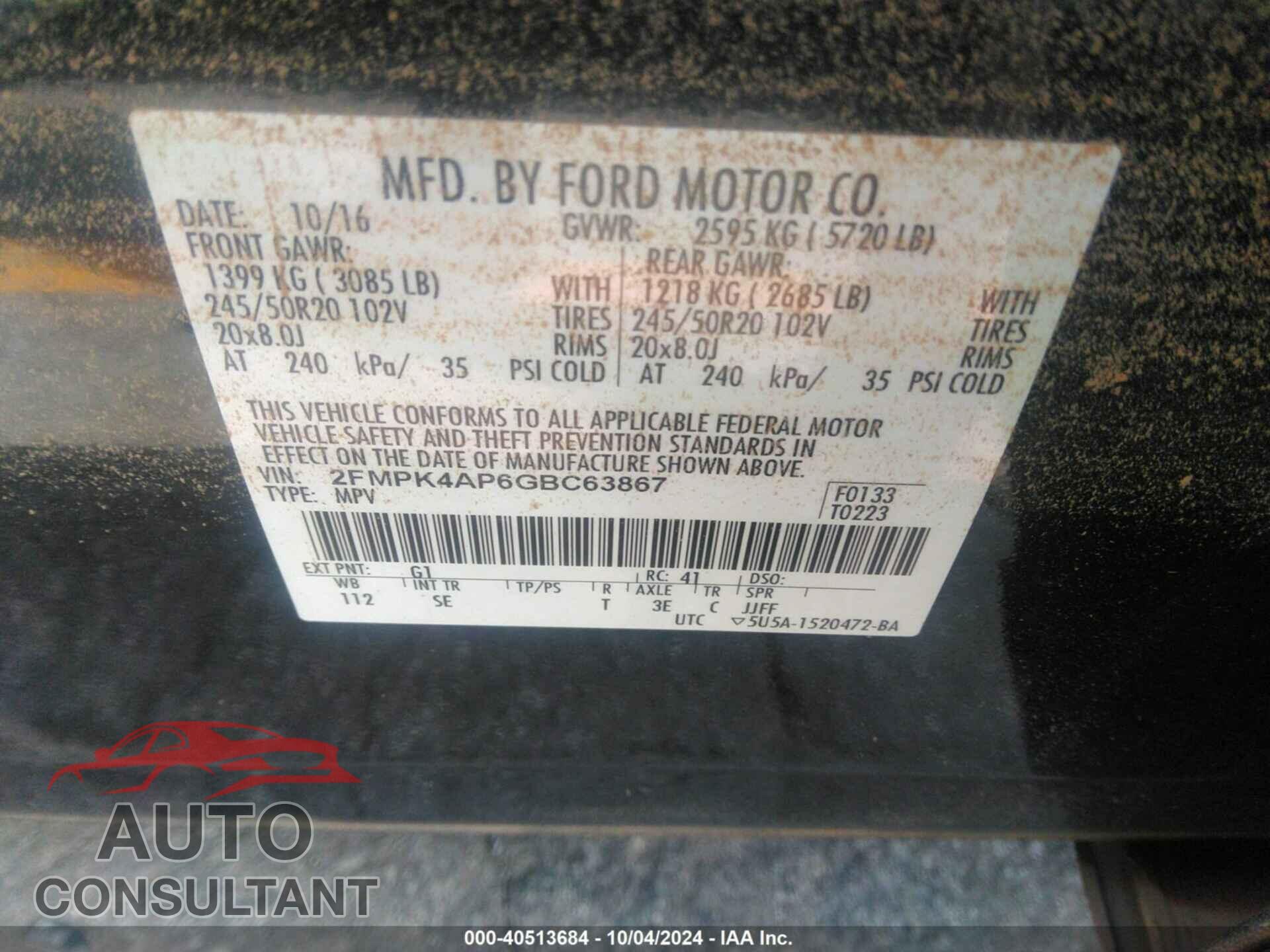 FORD EDGE 2016 - 2FMPK4AP6GBC63867