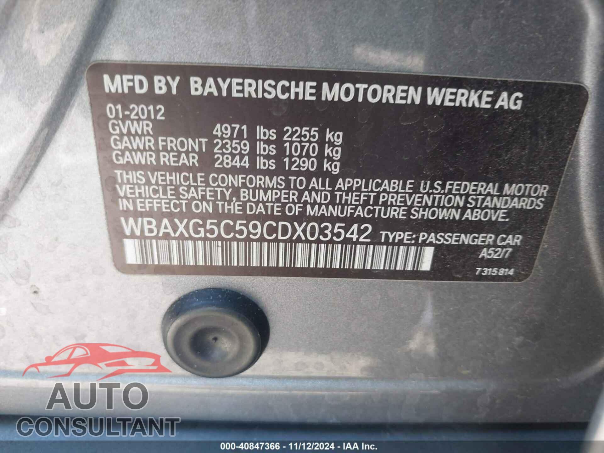 BMW 528I 2012 - WBAXG5C59CDX03542