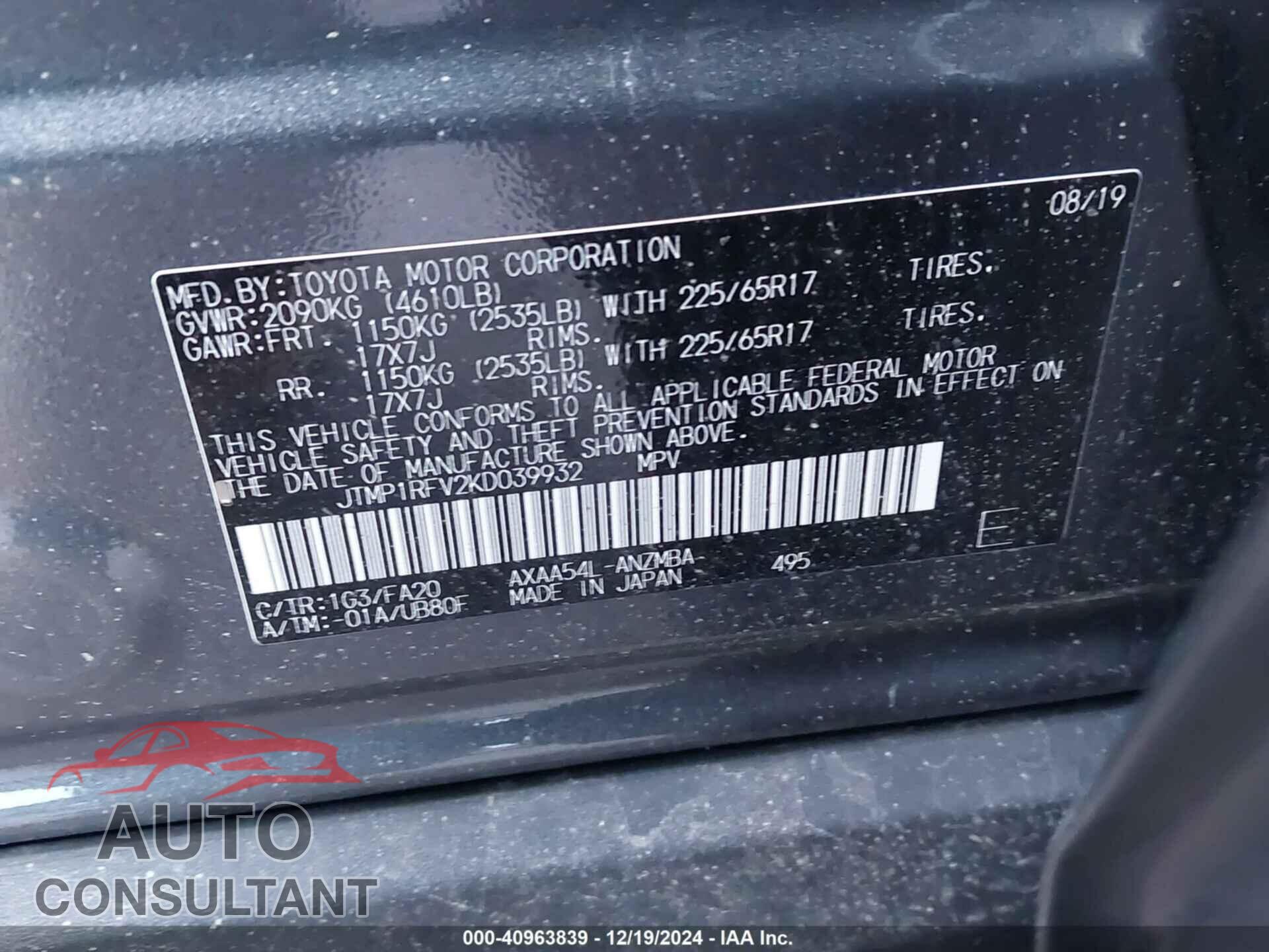 TOYOTA RAV4 2019 - JTMP1RFV2KD039932