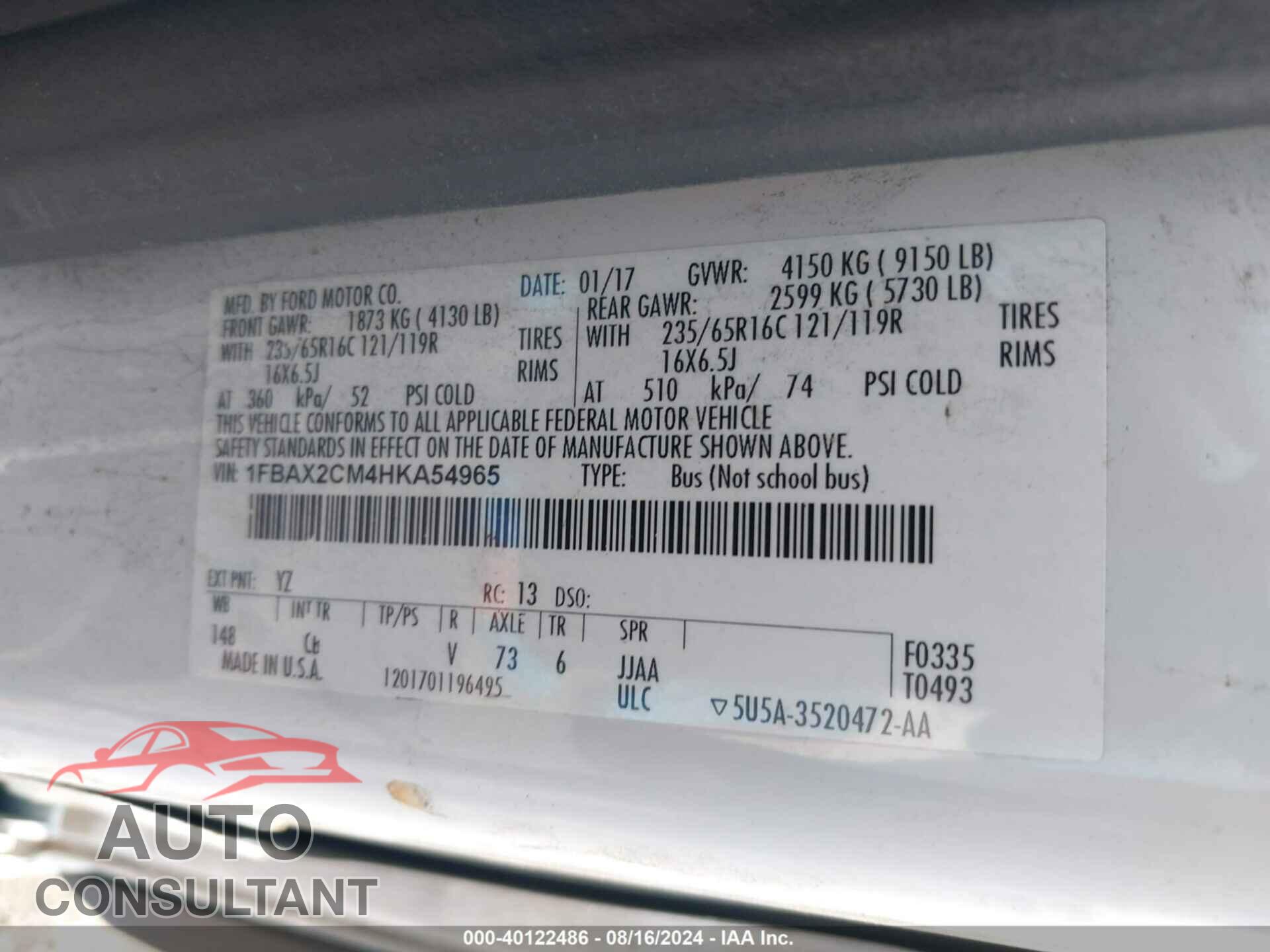FORD TRANSIT-350 2017 - 1FBAX2CM4HKA54965