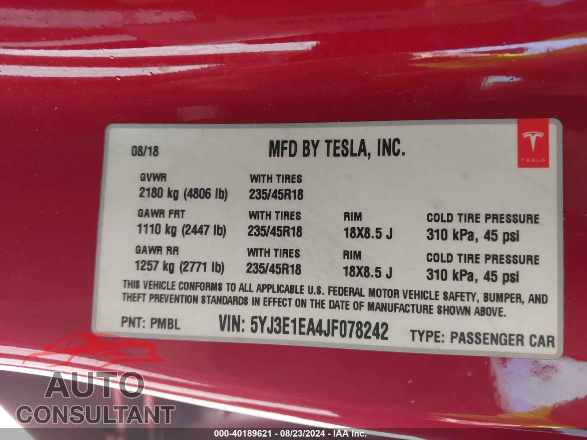 TESLA MODEL 3 2018 - 5YJ3E1EA4JF078242