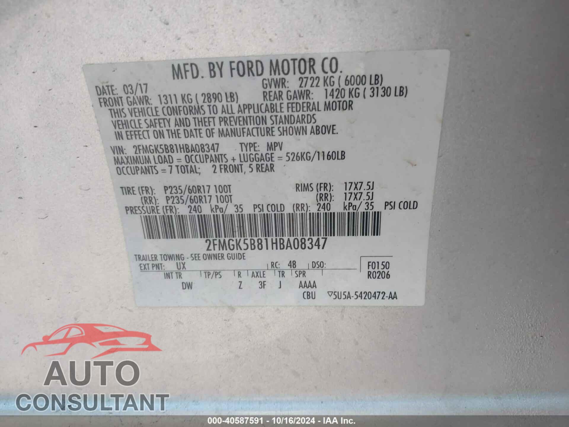 FORD FLEX 2017 - 2FMGK5B81HBA08347