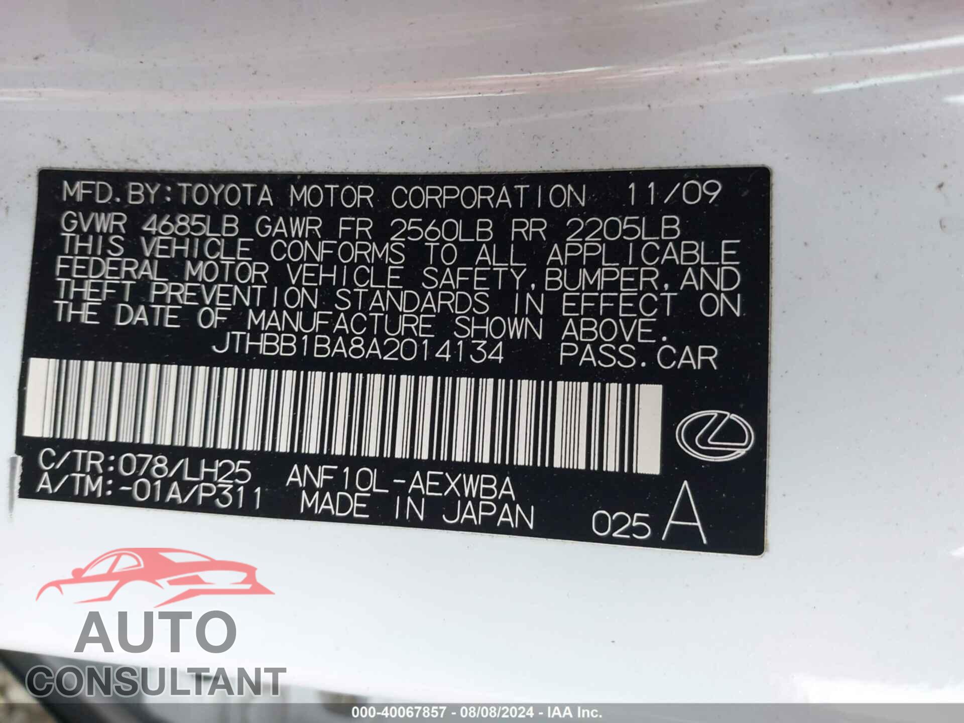 LEXUS HS 250H 2010 - JTHBB1BA8A2014134