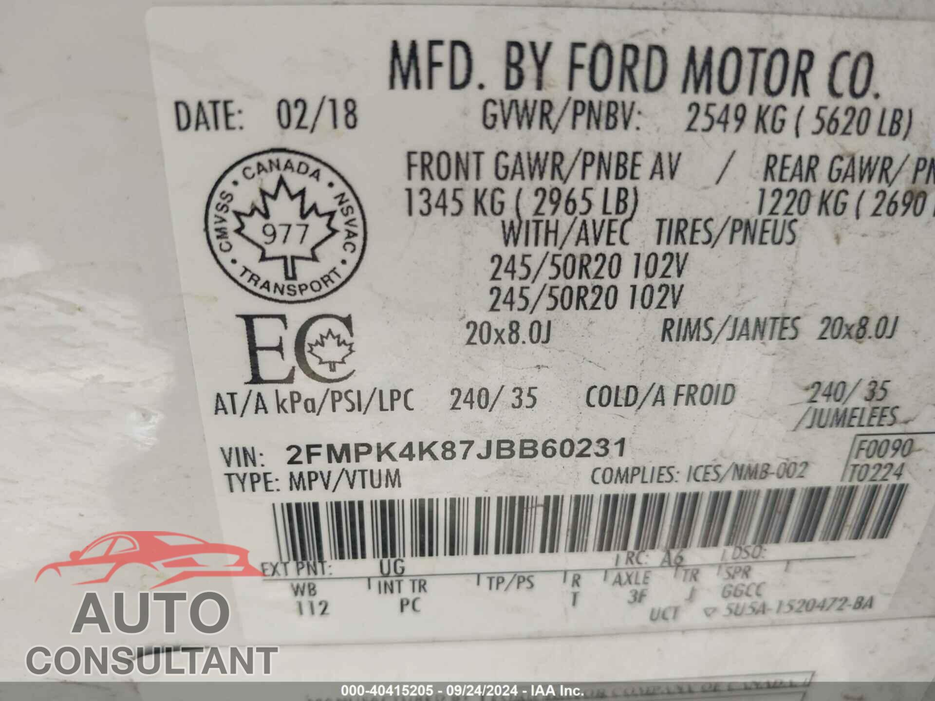 FORD EDGE 2018 - 2FMPK4K87JBB60231