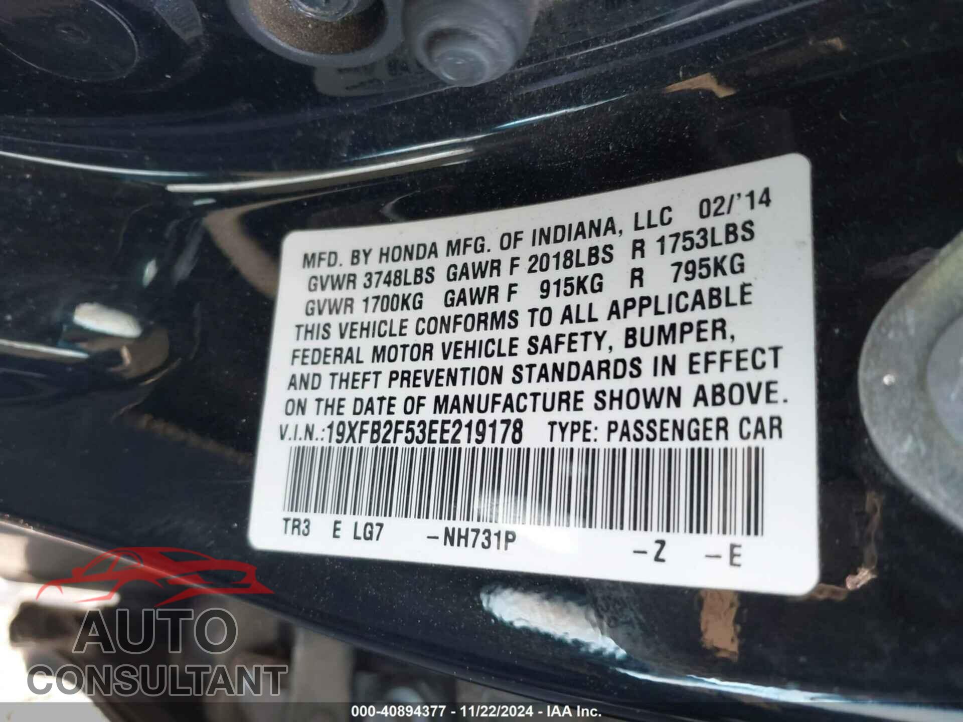 HONDA CIVIC 2014 - 19XFB2F53EE219178