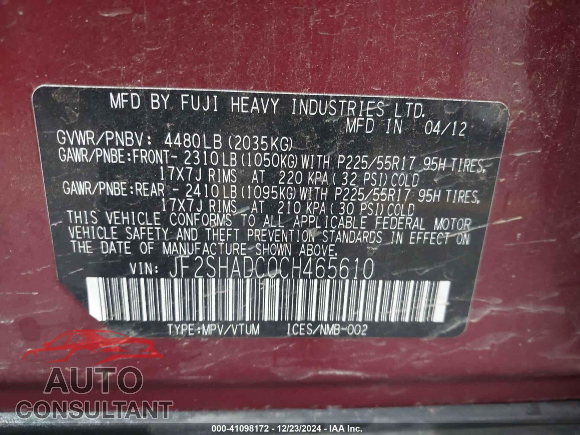 SUBARU FORESTER 2012 - JF2SHADC0CH465610