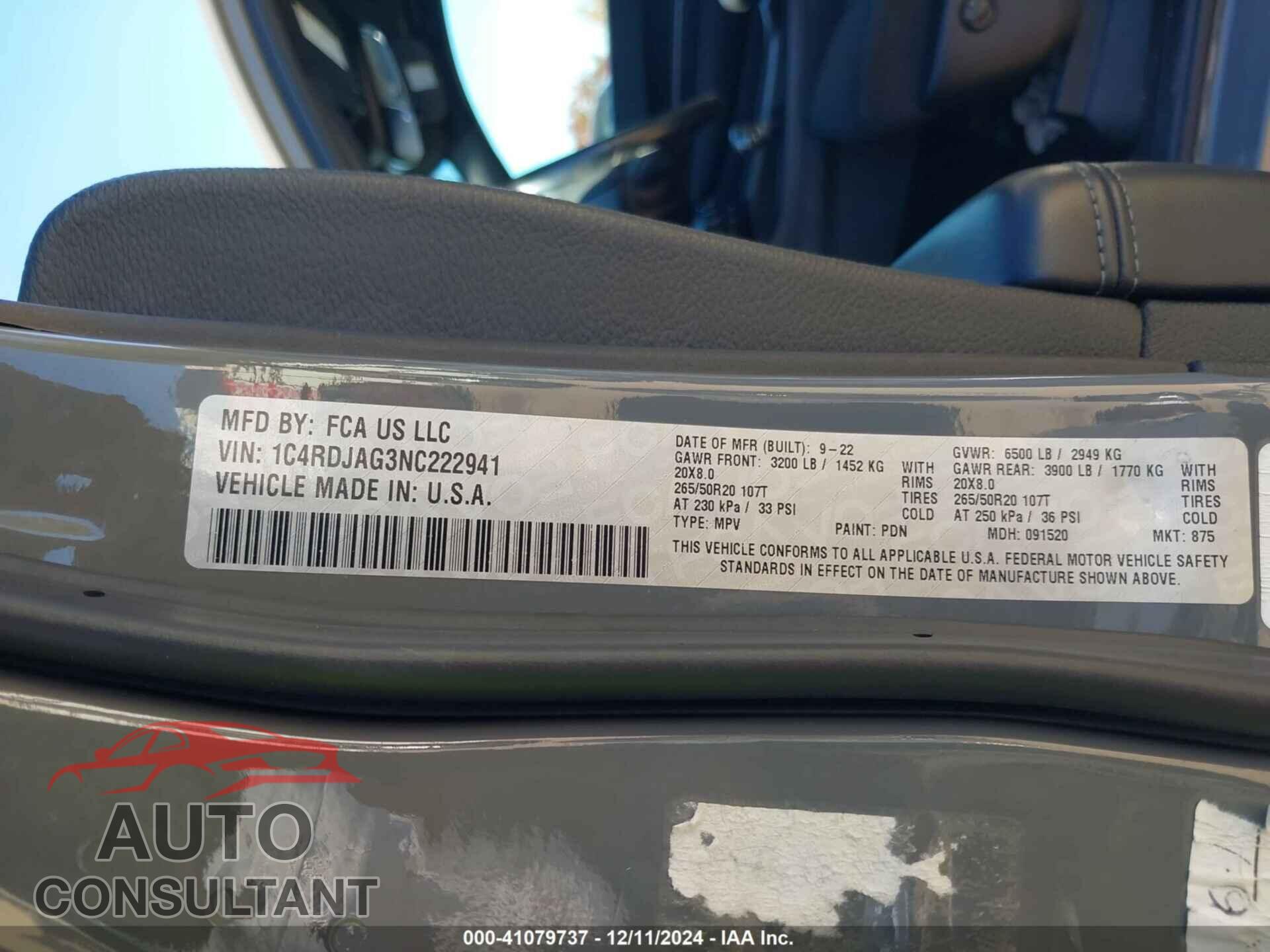 DODGE DURANGO 2022 - 1C4RDJAG3NC222941