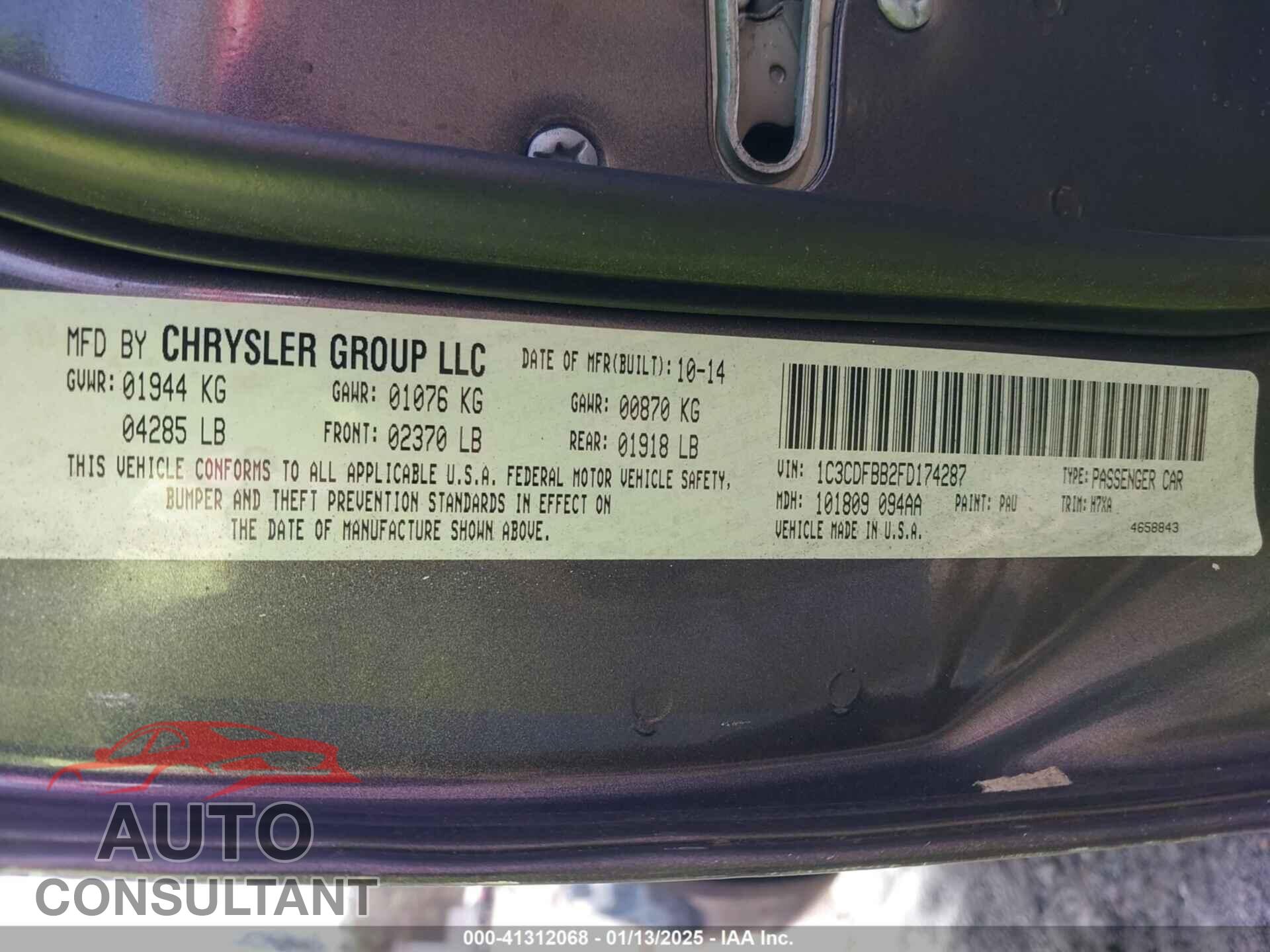 DODGE DART 2015 - 1C3CDFBB2FD174287