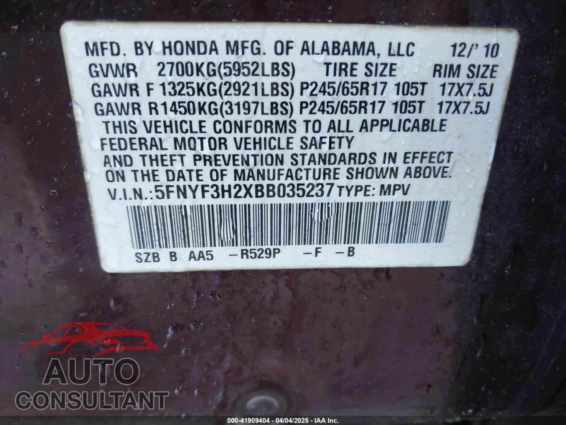 HONDA PILOT 2011 - 5FNYF3H2XBB035237