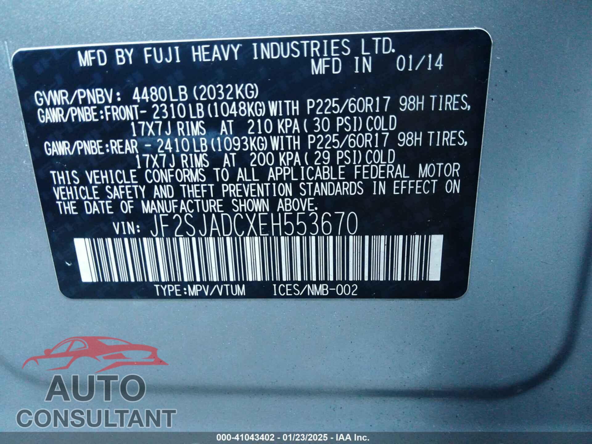 SUBARU FORESTER 2014 - JF2SJADCXEH553670