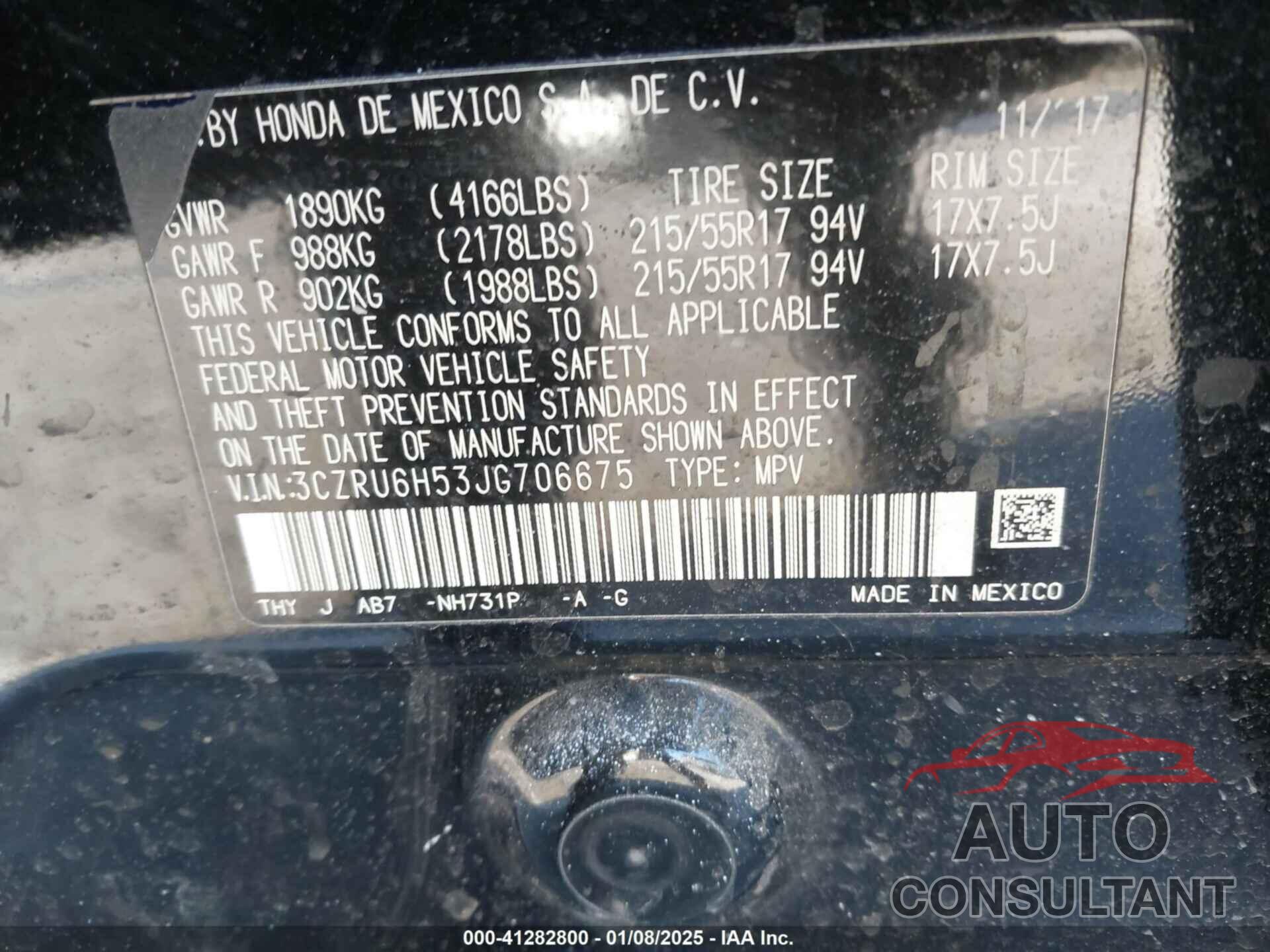 HONDA HR-V 2018 - 3CZRU6H53JG706675