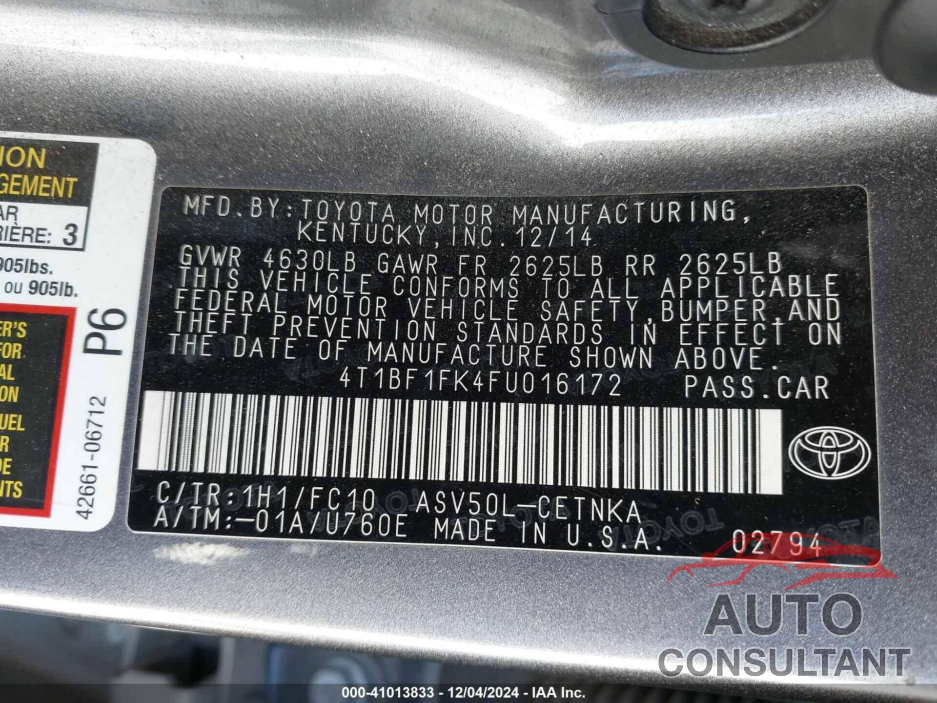 TOYOTA CAMRY 2015 - 4T1BF1FK4FU016172