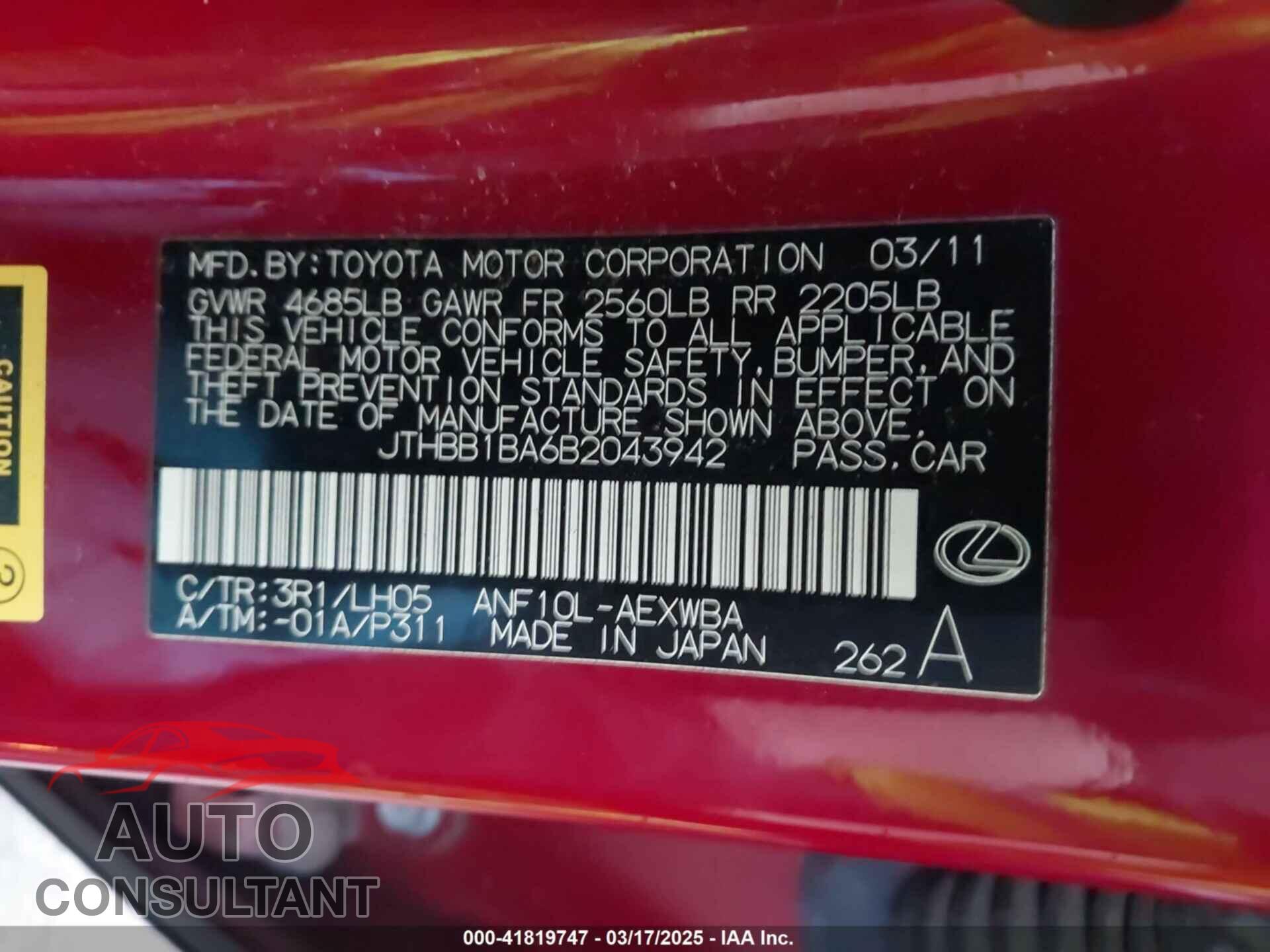 LEXUS HS 250H 2011 - JTHBB1BA6B2043942