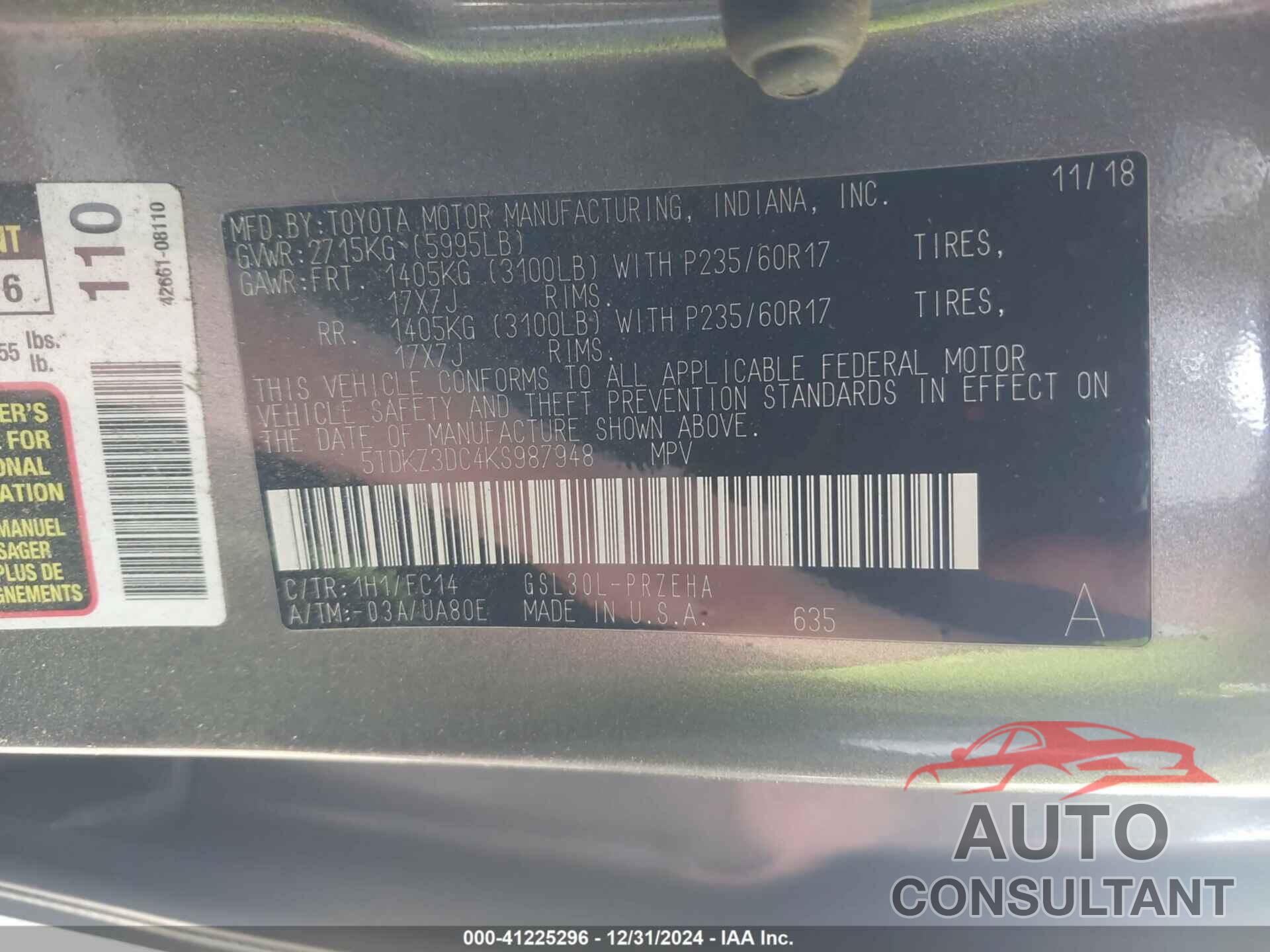 TOYOTA SIENNA 2019 - 5TDKZ3DC4KS987948