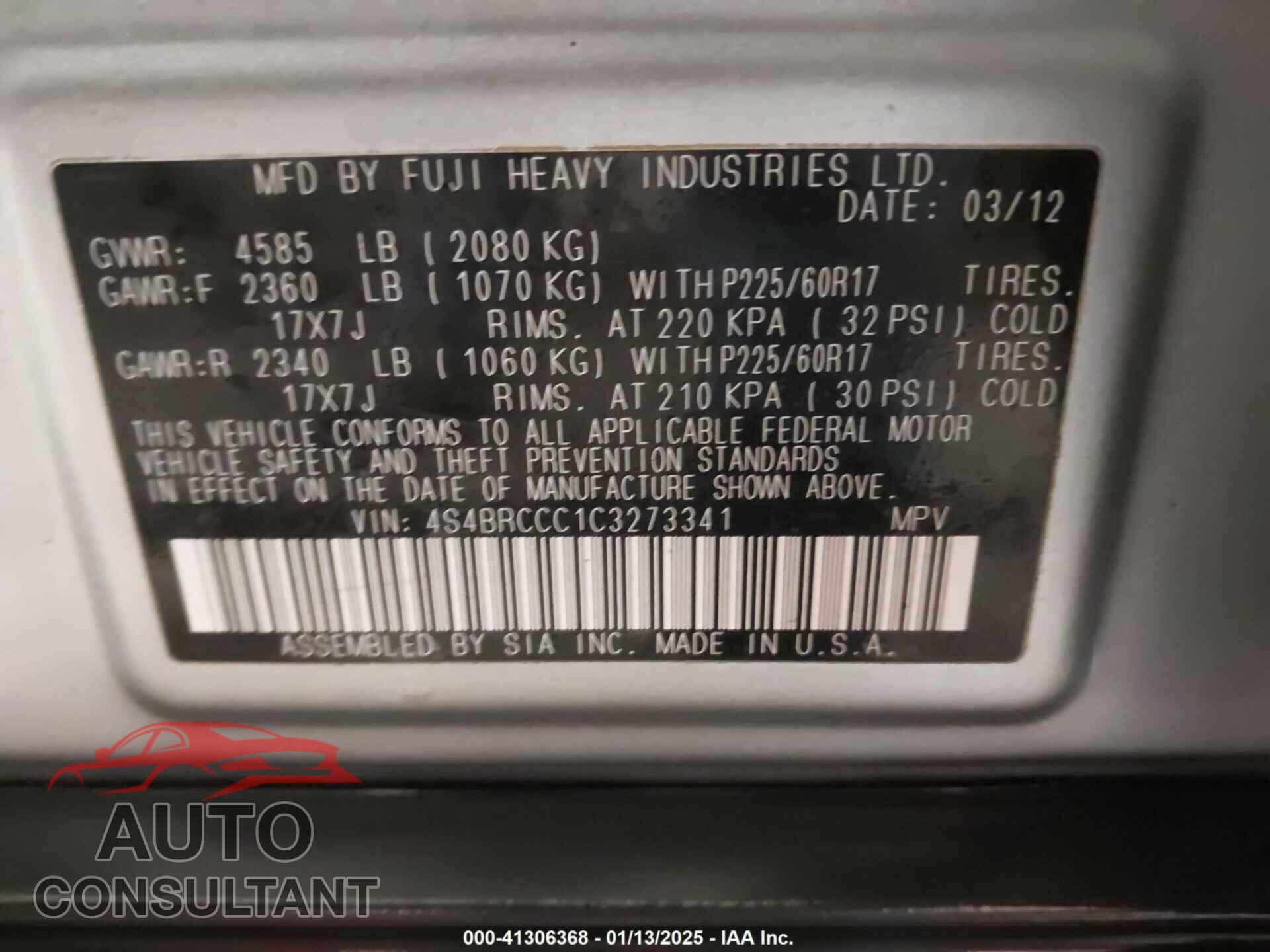 SUBARU OUTBACK 2012 - 4S4BRCCC1C3273341