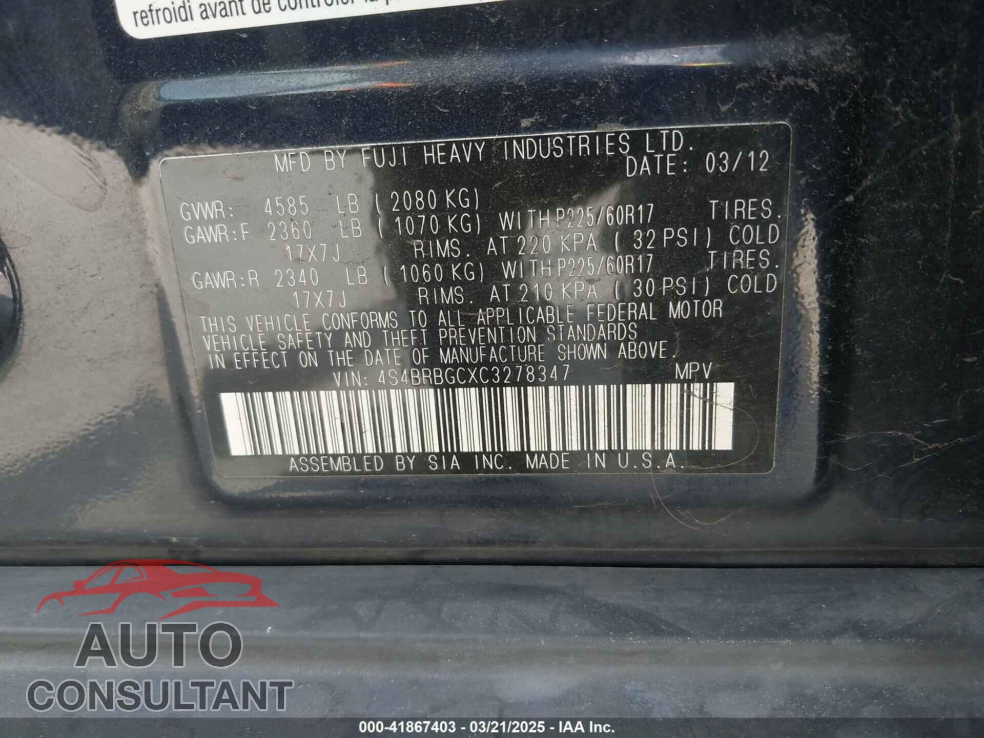 SUBARU OUTBACK 2012 - 4S4BRBGCXC3278347