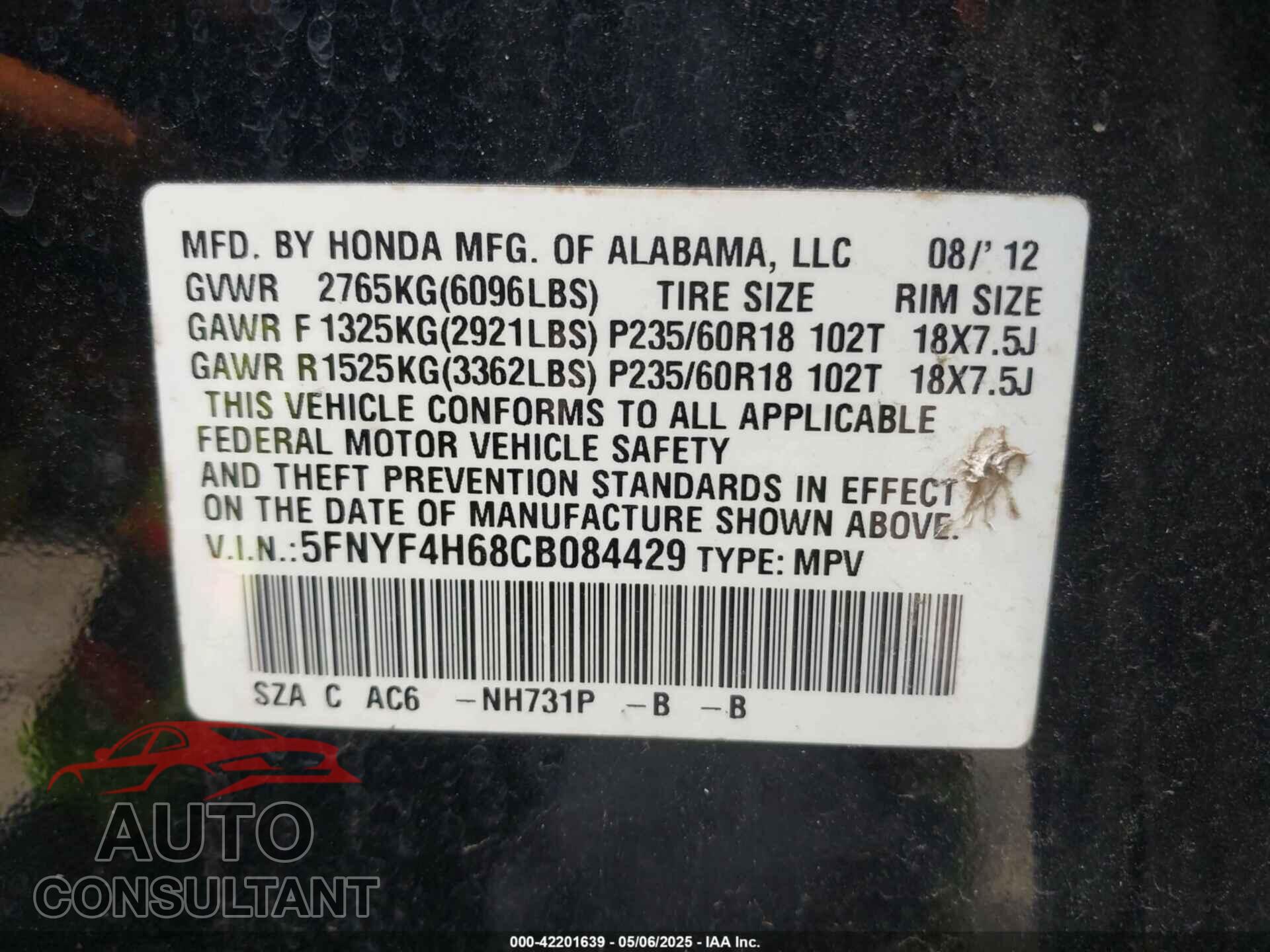 HONDA PILOT 2012 - 5FNYF4H68CB084429
