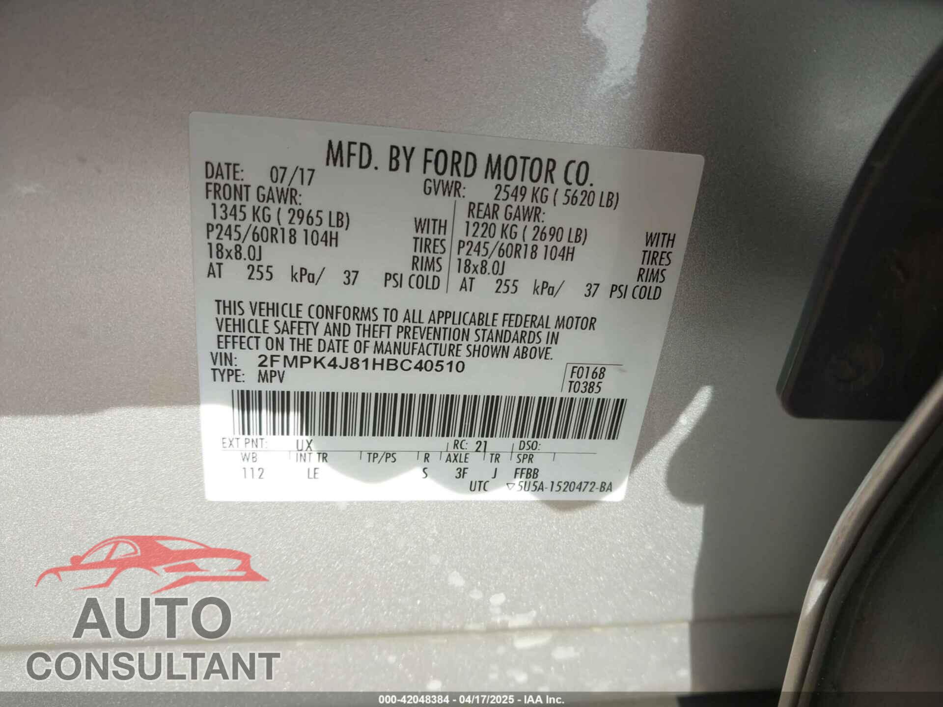 FORD EDGE 2017 - 2FMPK4J81HBC40510