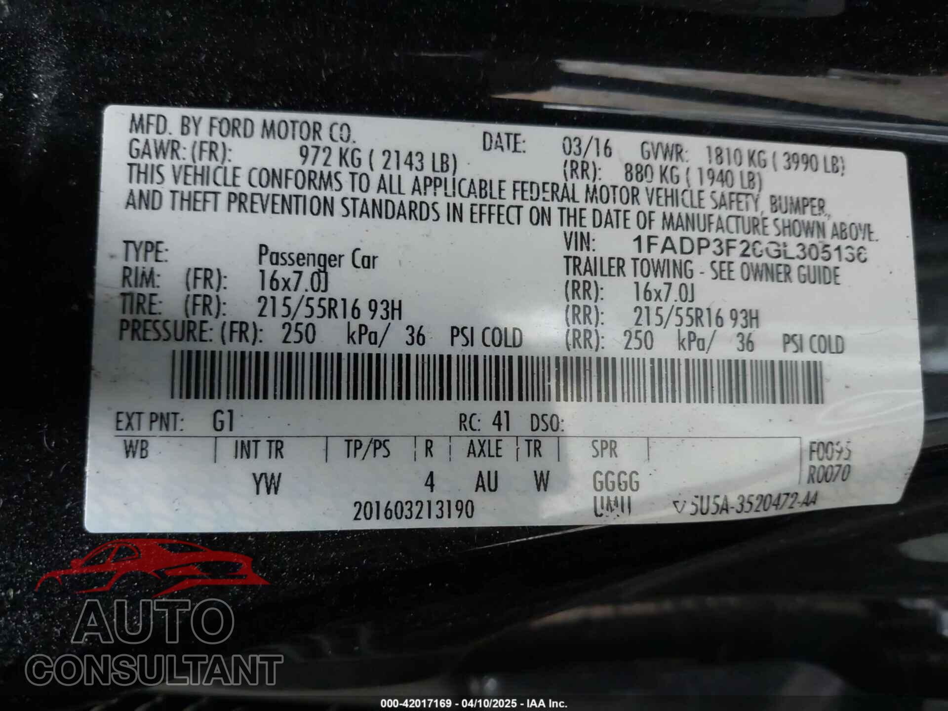 FORD FOCUS 2016 - 1FADP3F26GL305136