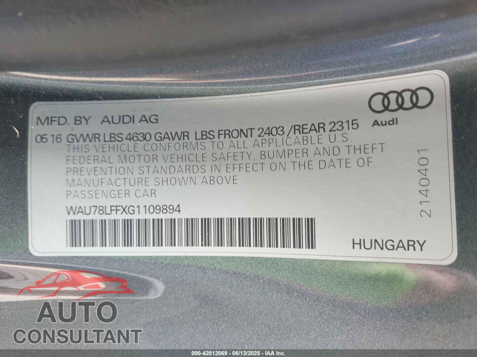 AUDI A3 2016 - WAU78LFFXG1109894