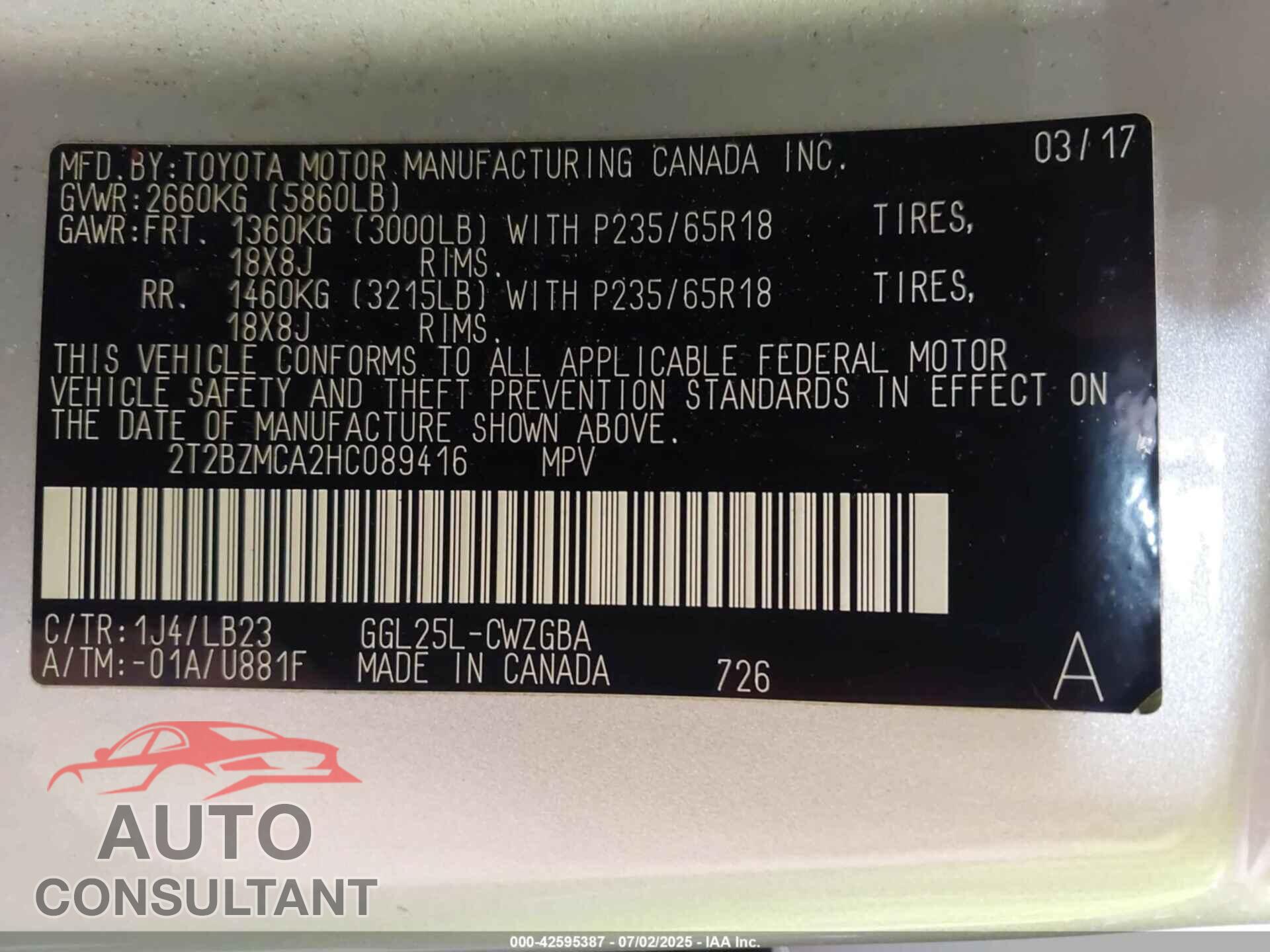 LEXUS RX 350 2017 - 2T2BZMCA2HC089416