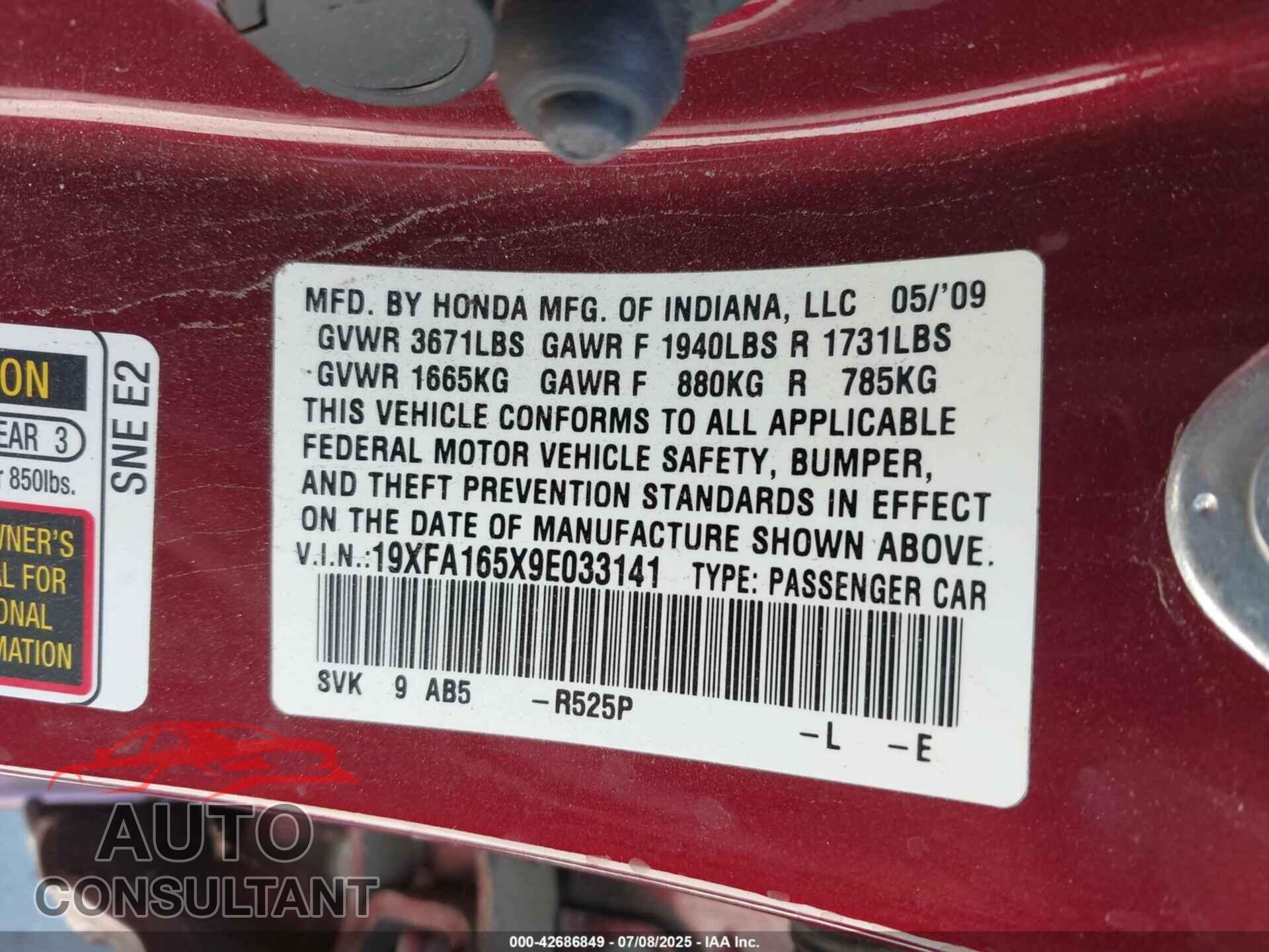 HONDA CIVIC 2009 - 19XFA165X9E033141