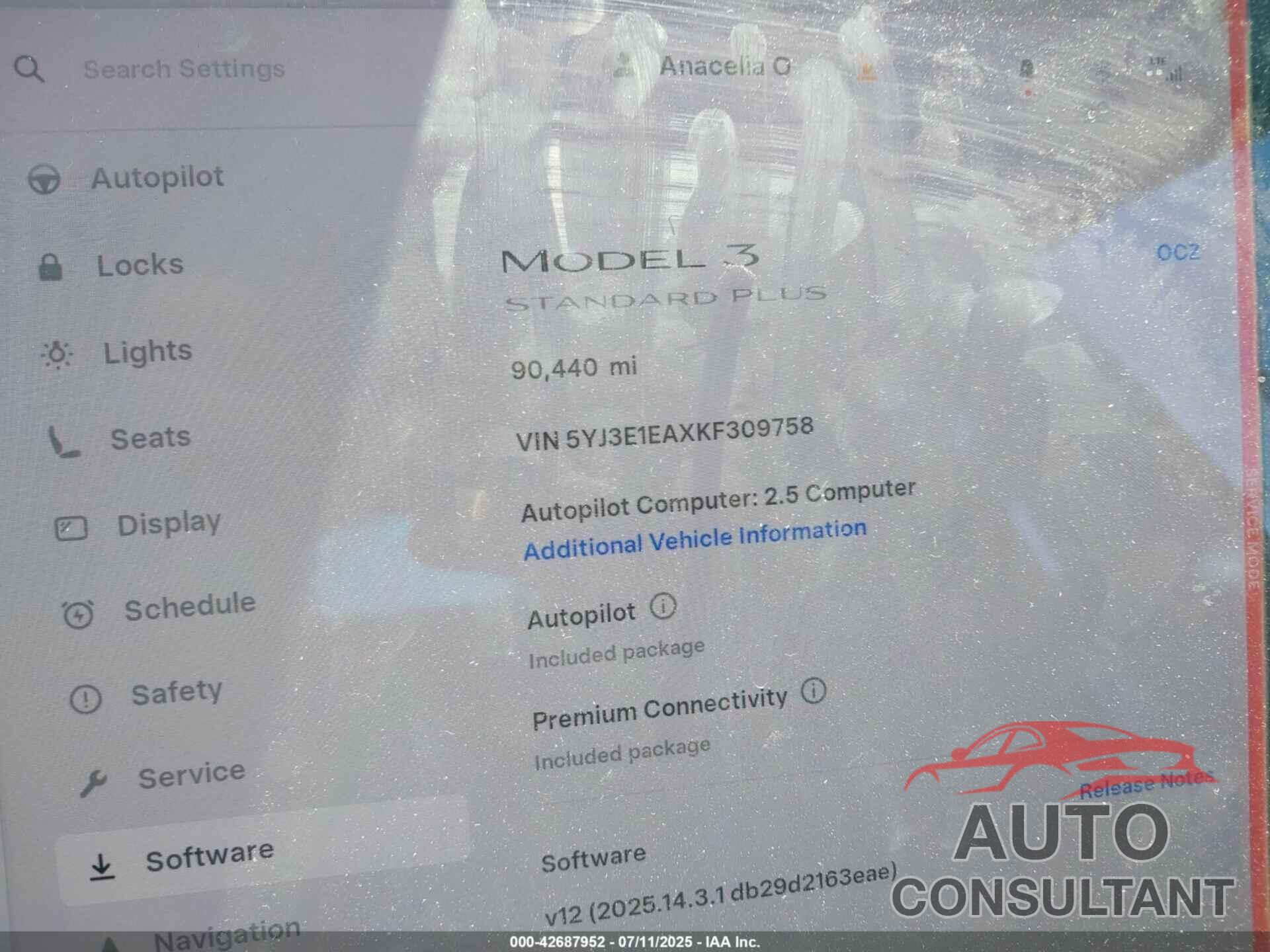 TESLA MODEL 3 2019 - 5YJ3E1EAXKF309758